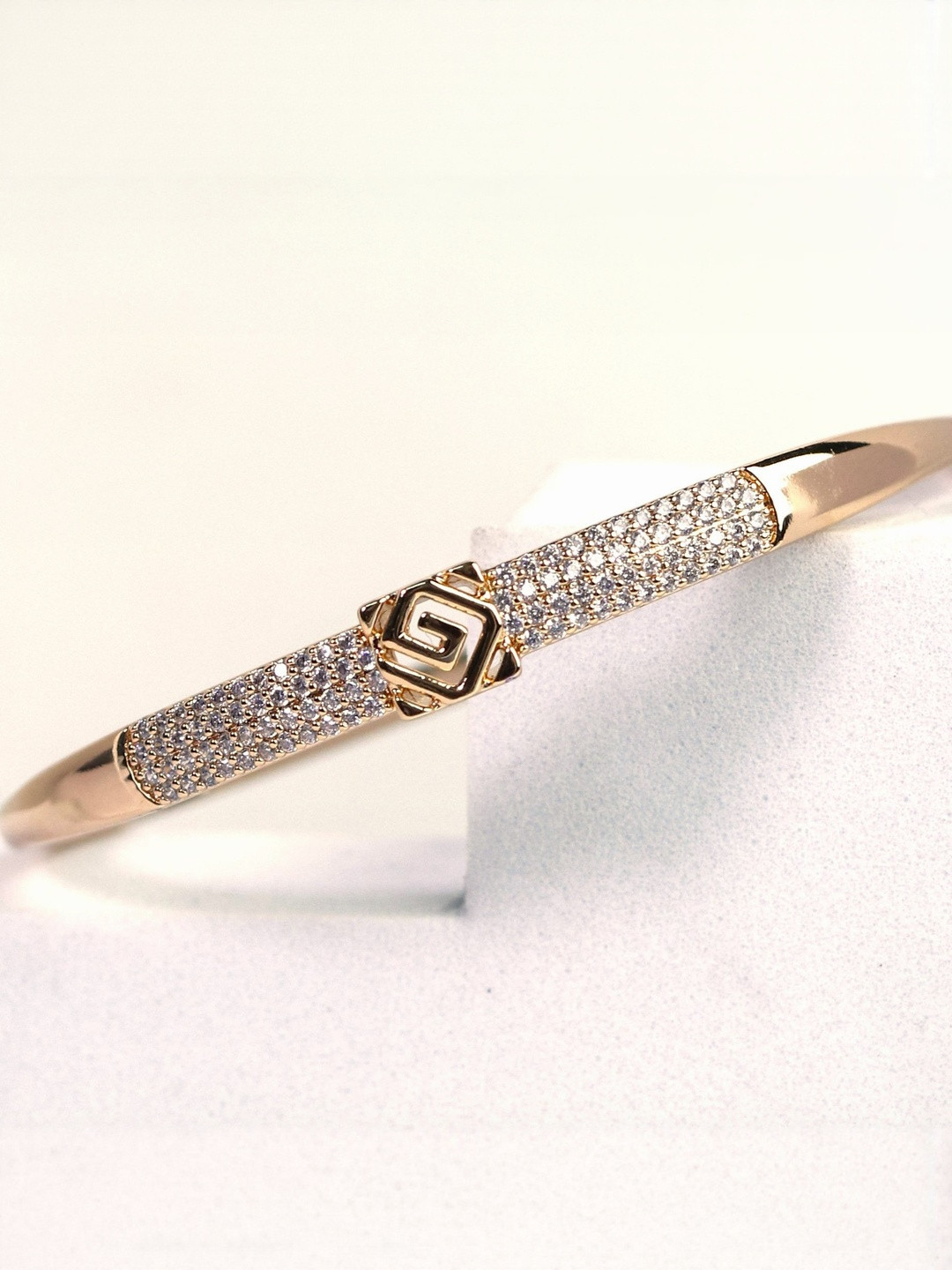DKane Designs Stainless Steel Gold-Plated American Diamond Studded Geometric Square Bangle