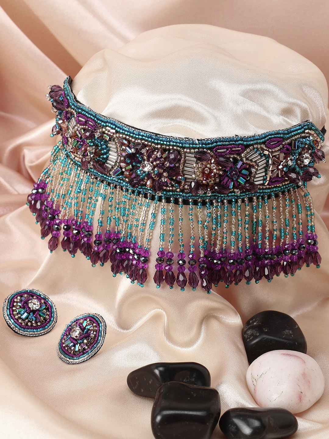 Adwitiya Collection Pink Stones-Studded & Beaded Jewellery Set
