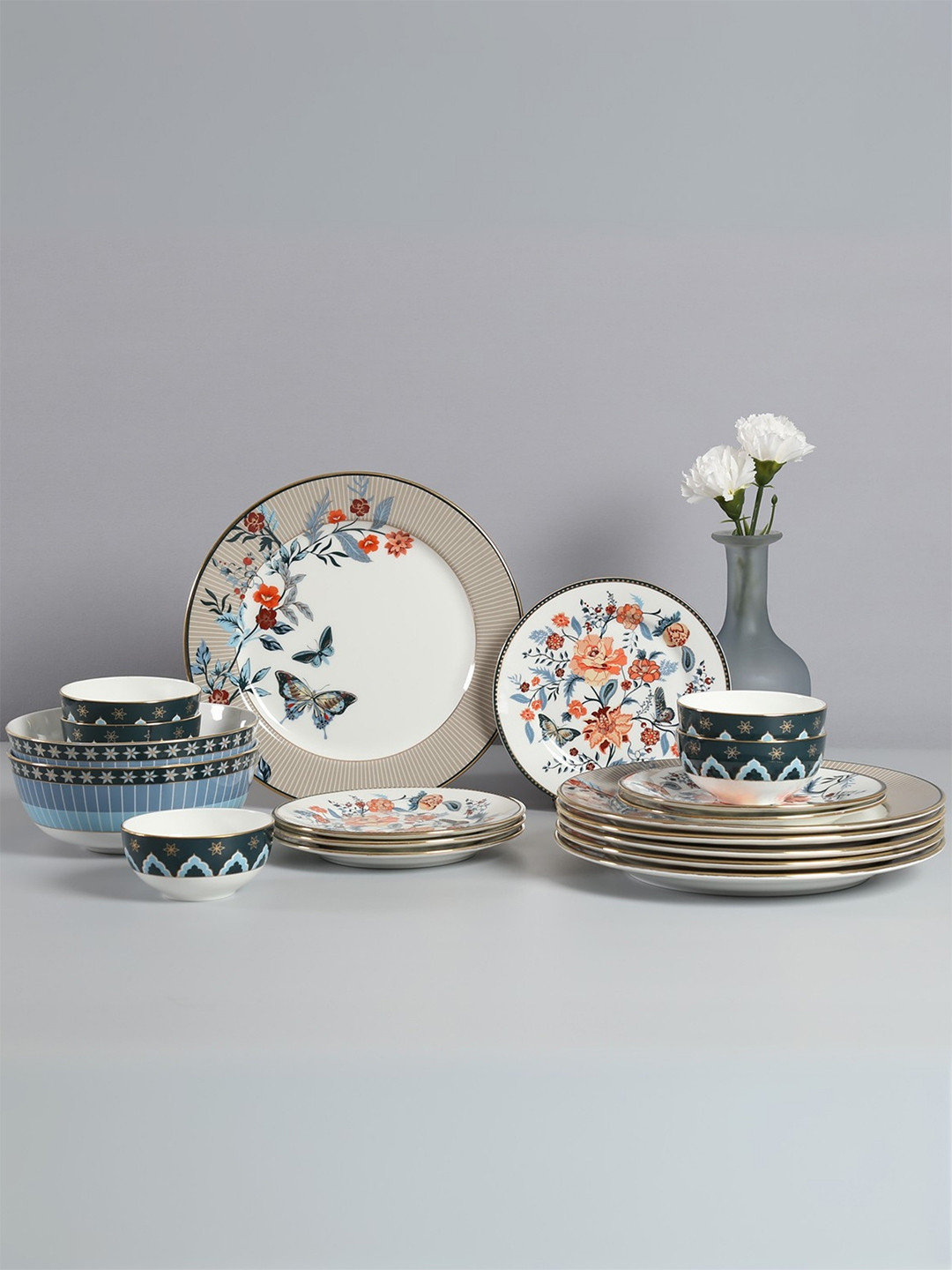 India Circus Premium White Floral Bone China Dishwasher Safe 20 Piece Dinner Set