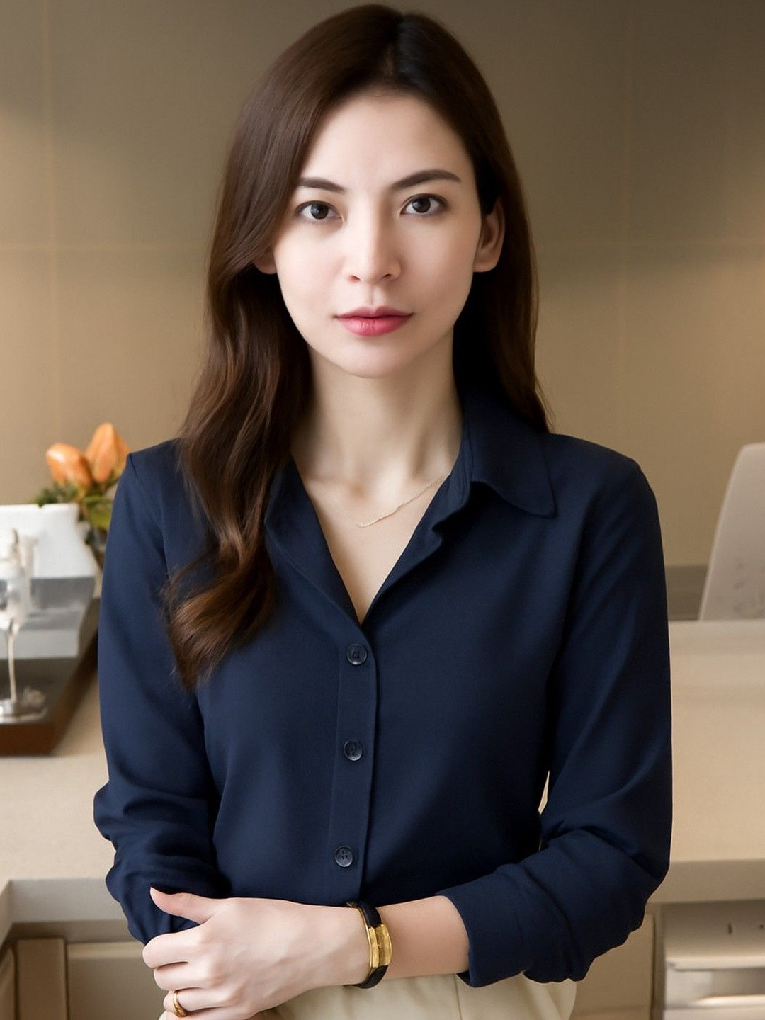 HERE&NOW Women Navy Blue Cotton Spread Collar Regular Fit Long Sleeves Shirt