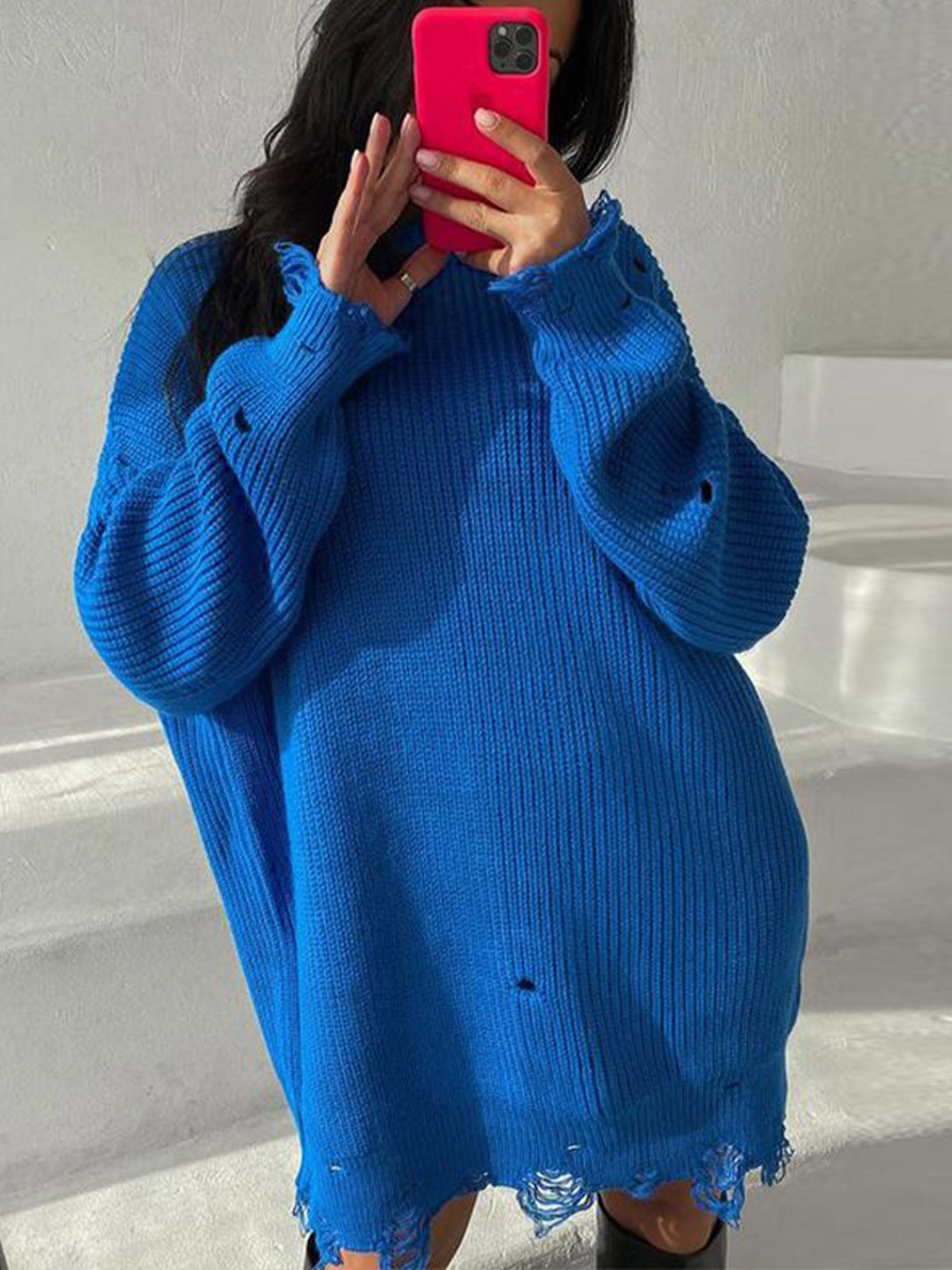 StyleCast Oversized Distressed Knit Round Neck Long Sleeves Pullover Sweater