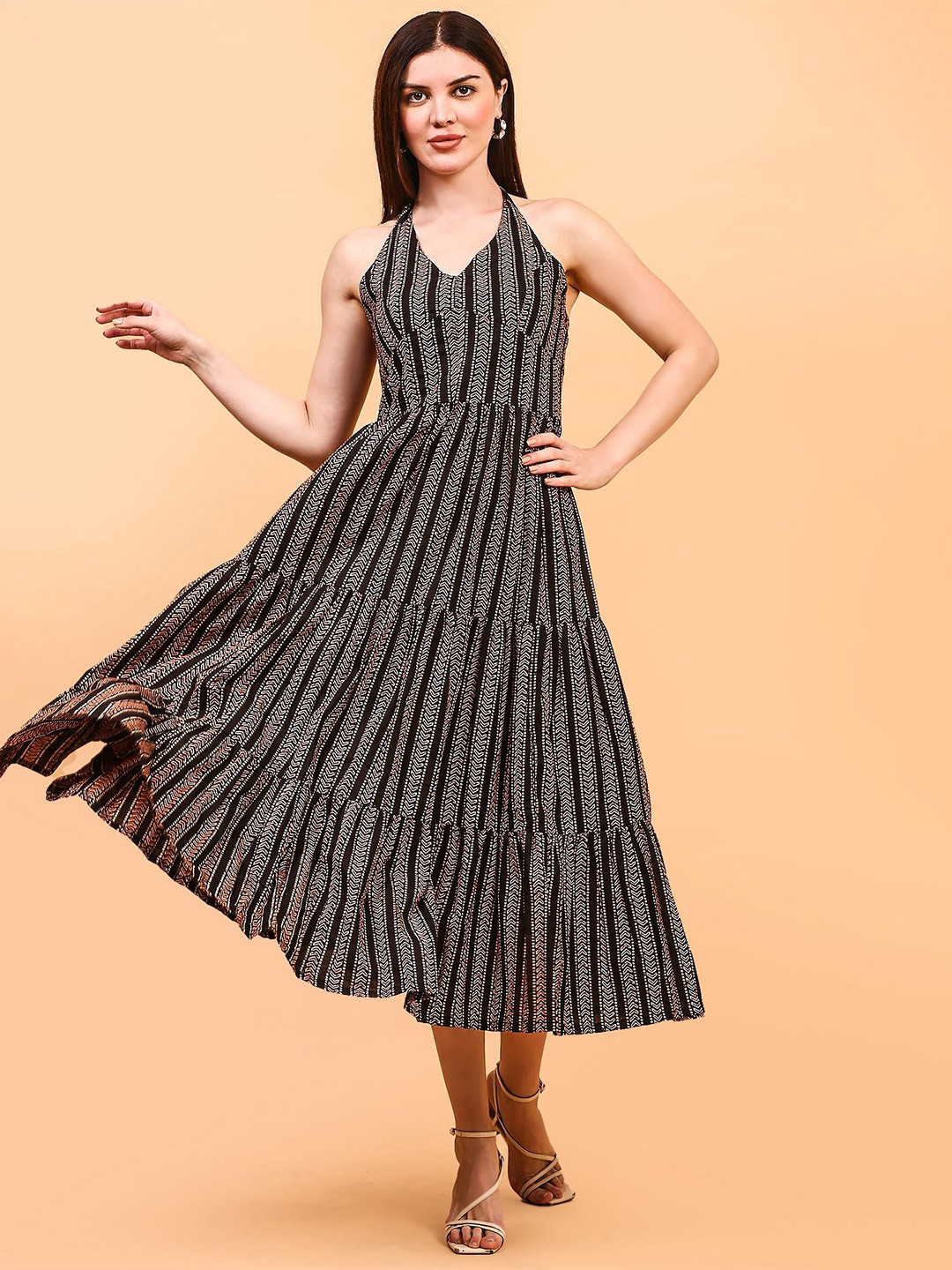 AKANYA Printed Halter Neck Fit and Flare Gathered or Pleated Midi Dress