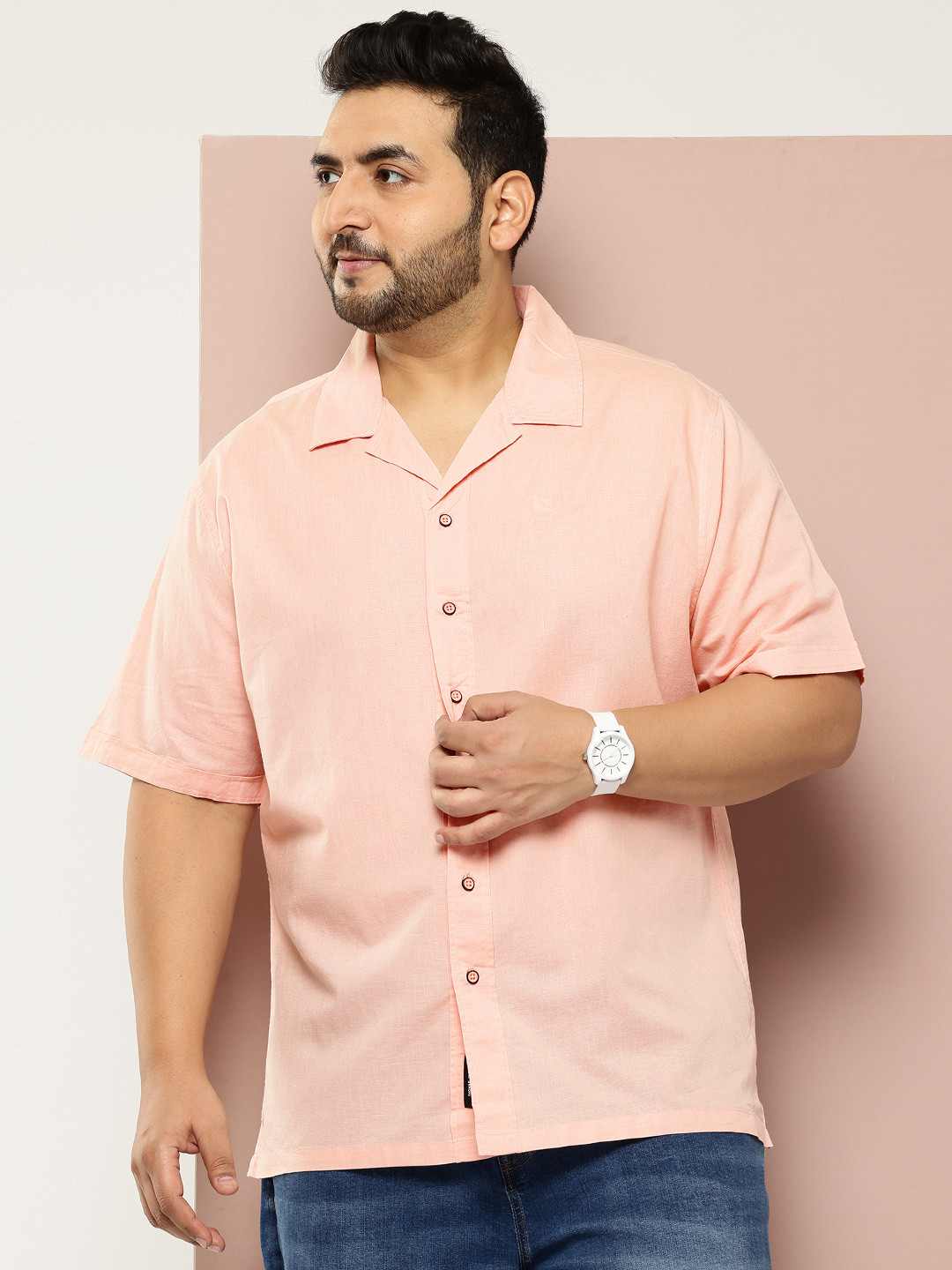 Thomas Scott Men Plus Size Cotton Linen Solid Millenium Fit Cuban Collar Shirt