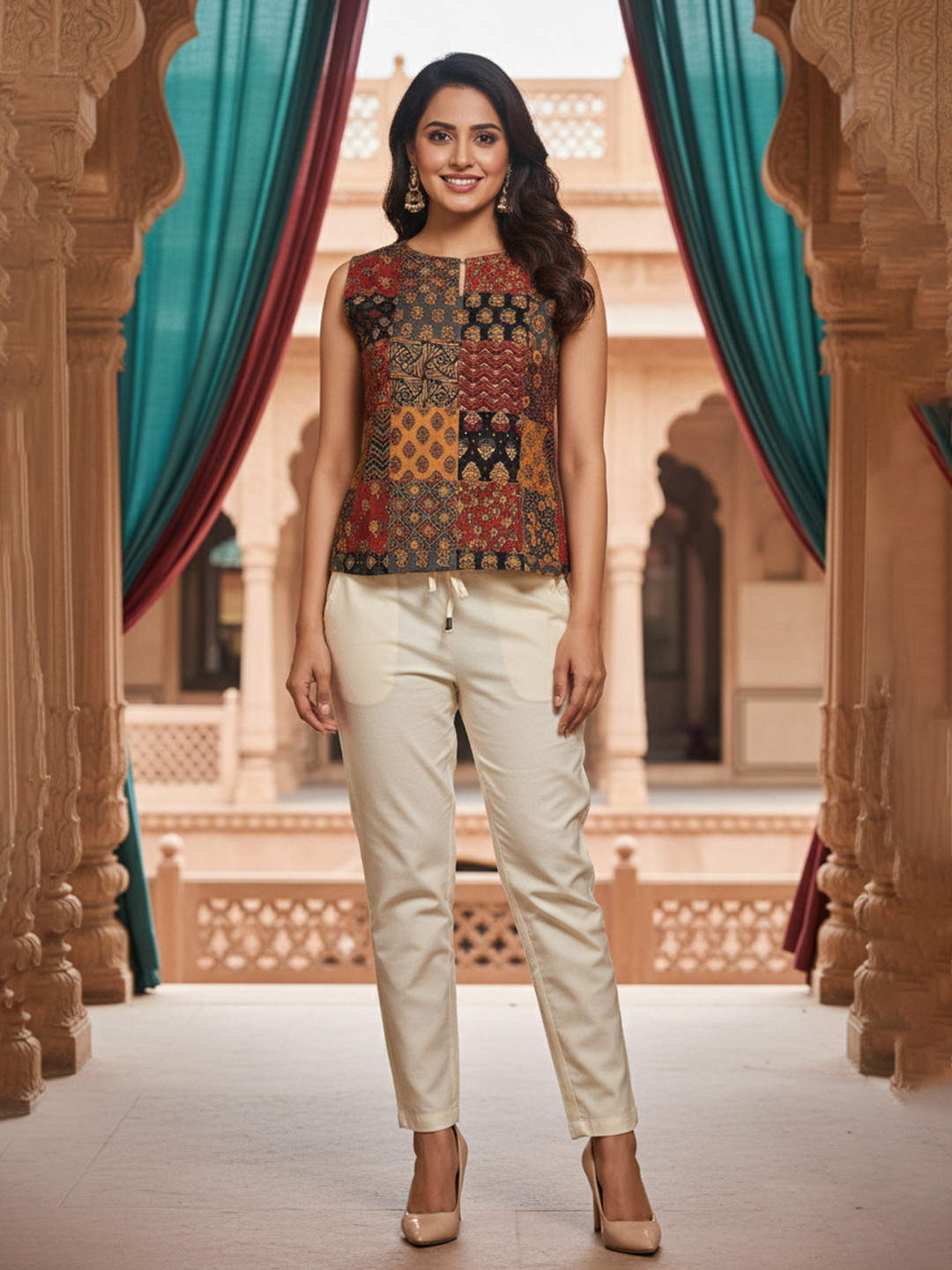 BAESD Print Jewel Neck Ethnic Cotton Top