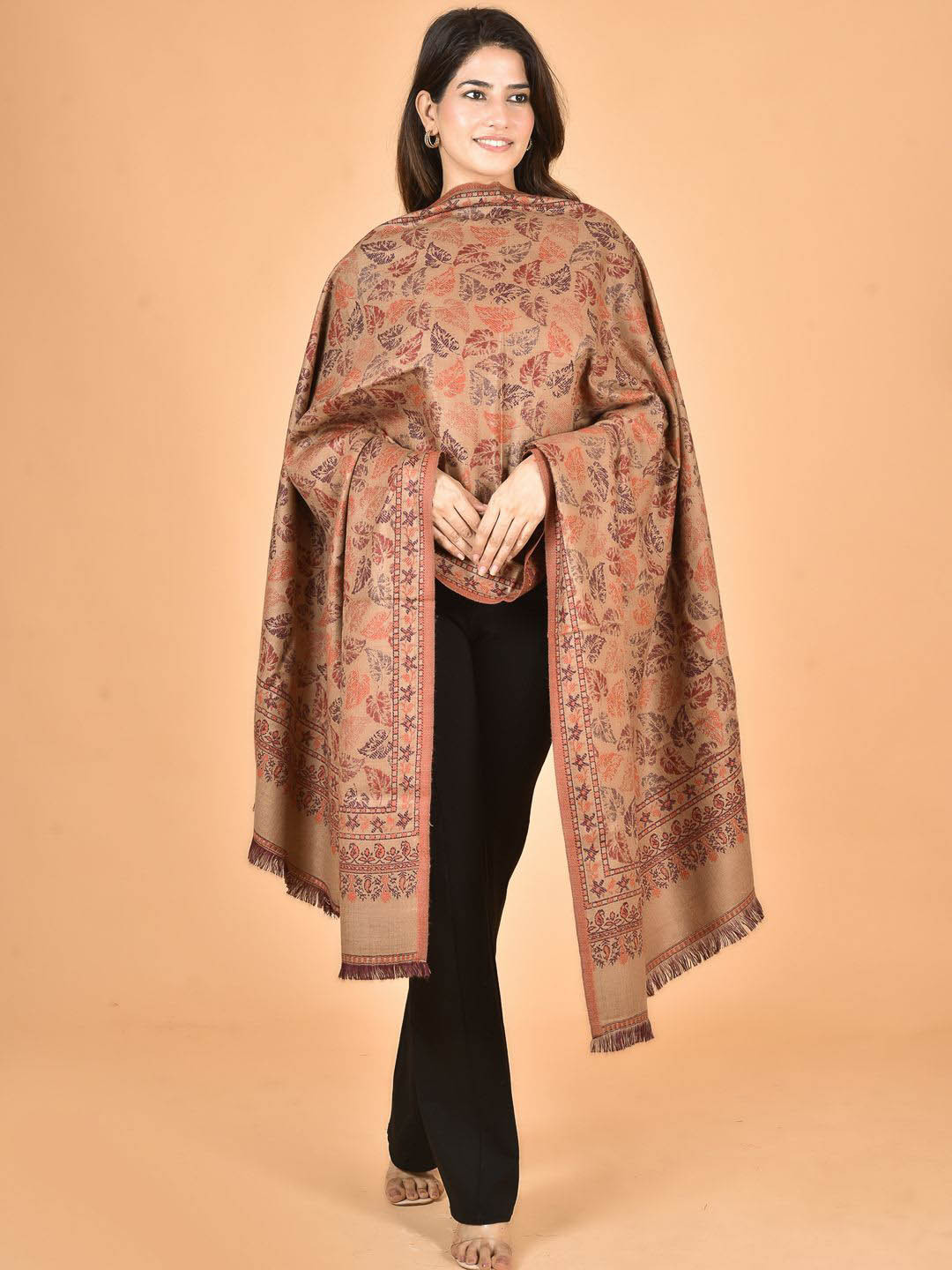 BAISA Botanical Printed Shawl With Fringed Border