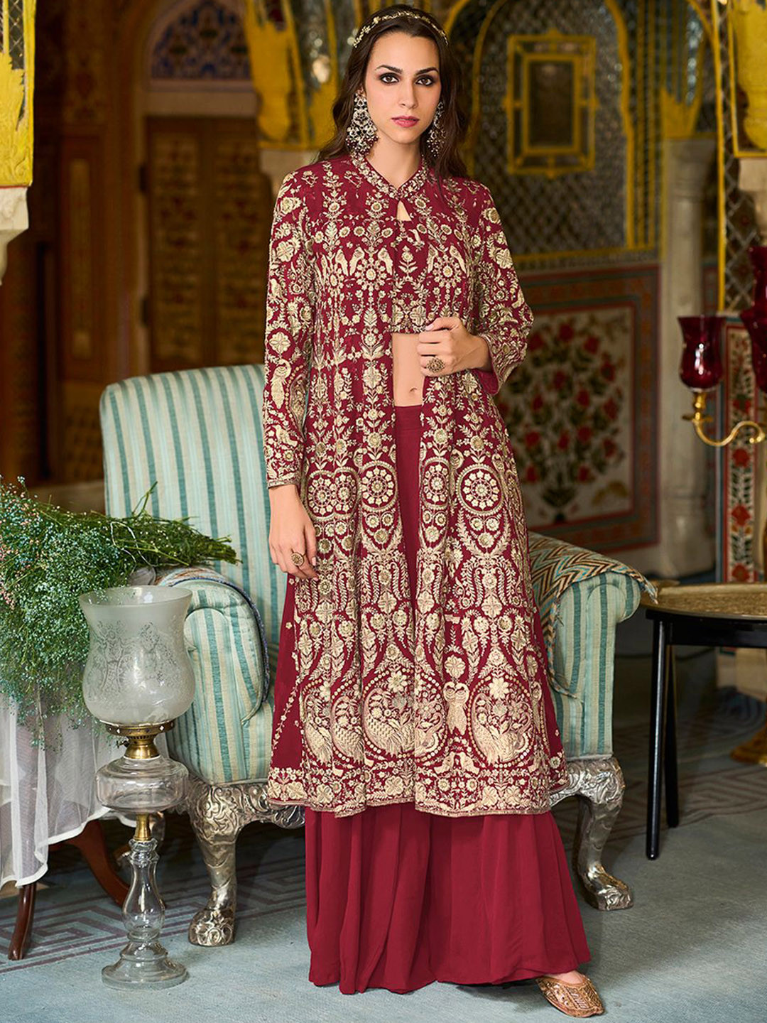 House of Pataudi Floral Embroidered Georgette Crop Top With Sharara & Shrug