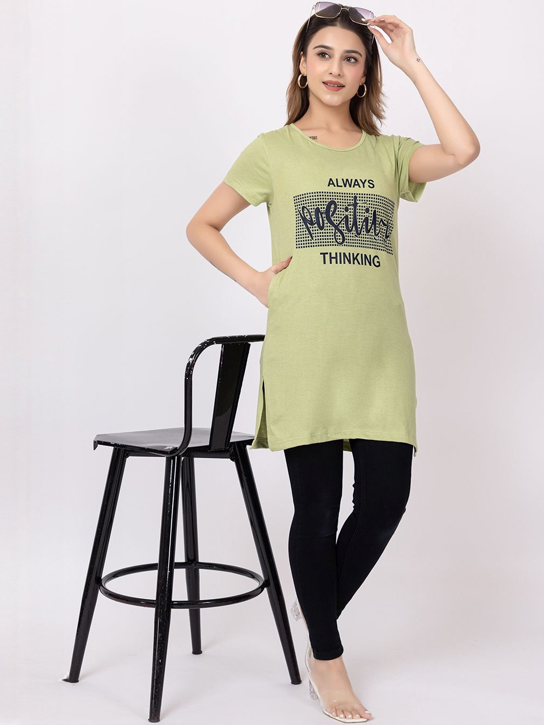 Amoldo Women Typography Printed Round Neck Short Sleeves Regular Longline Top