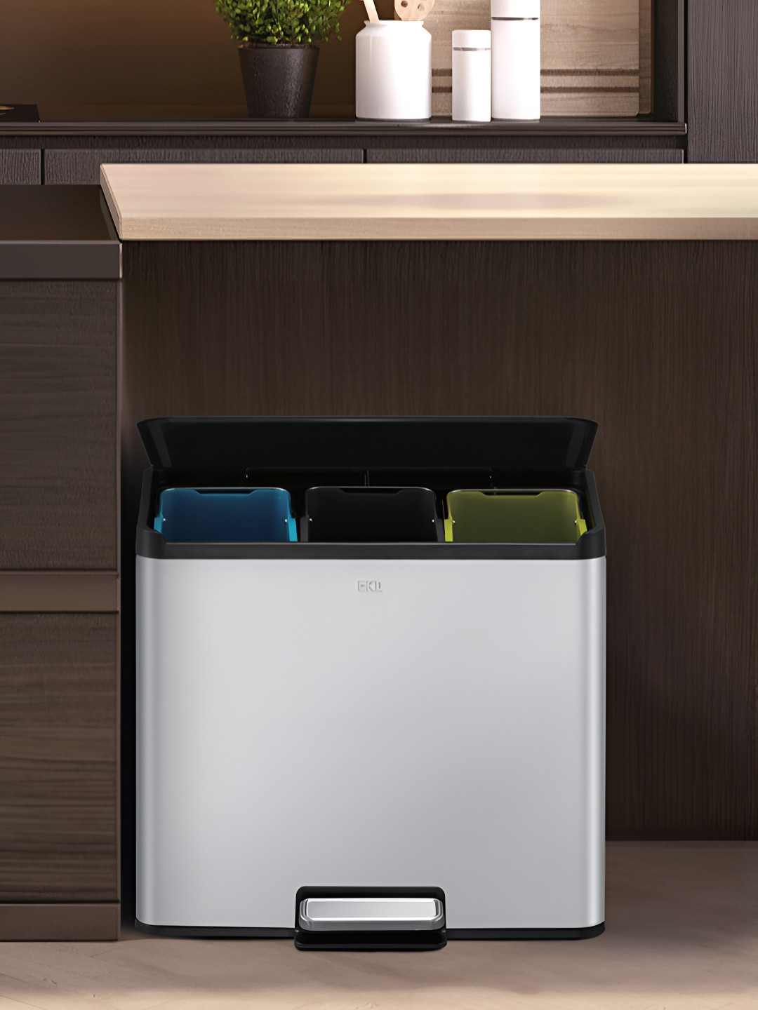 OBSESSIONS Grey & Black Stainless Steel Triple Liner Step Rectangular Dustbins - 9+9+9 L