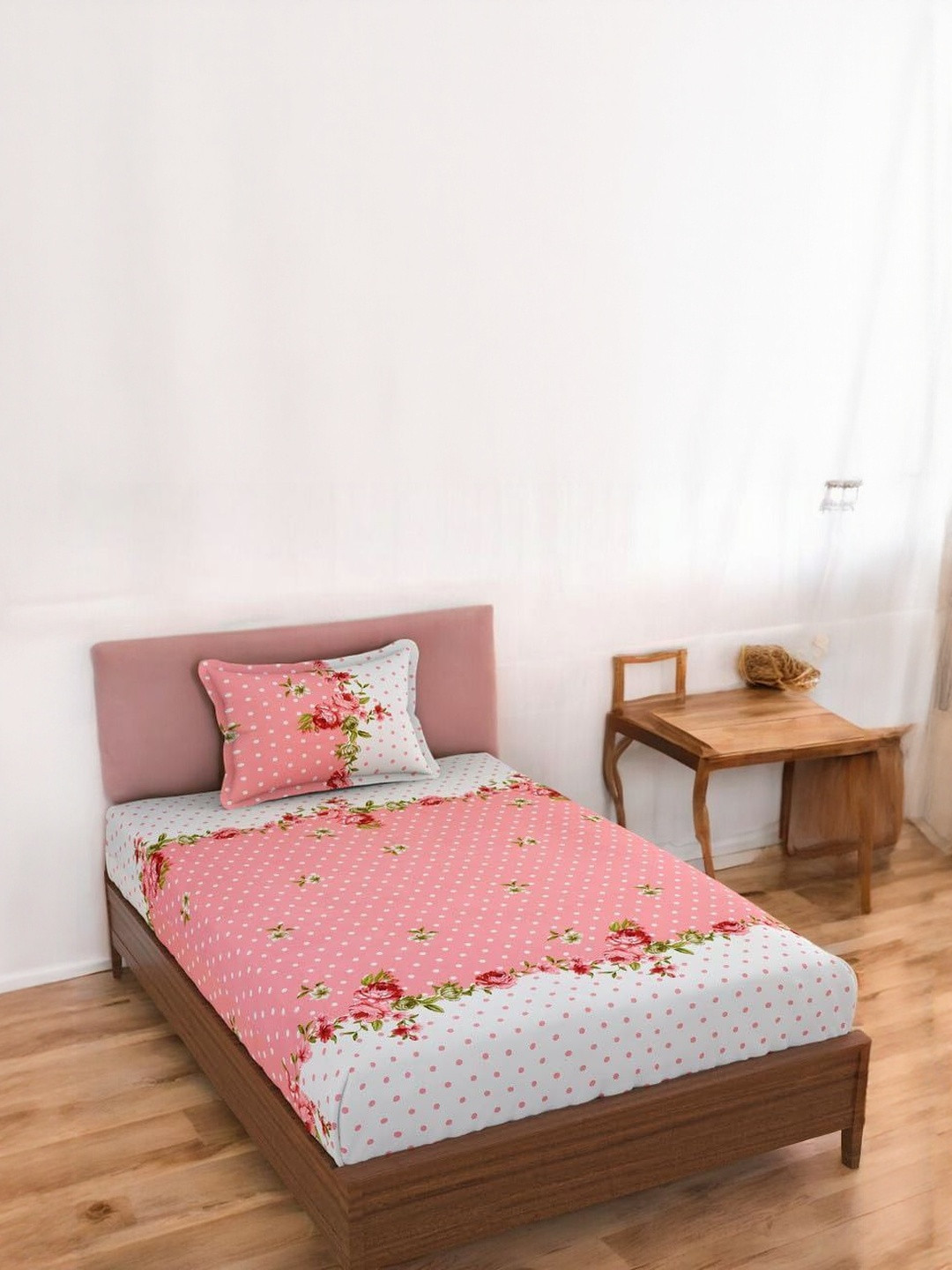 WELLNEST Unisex Pink Floral Print Cotton Single Bedsheets