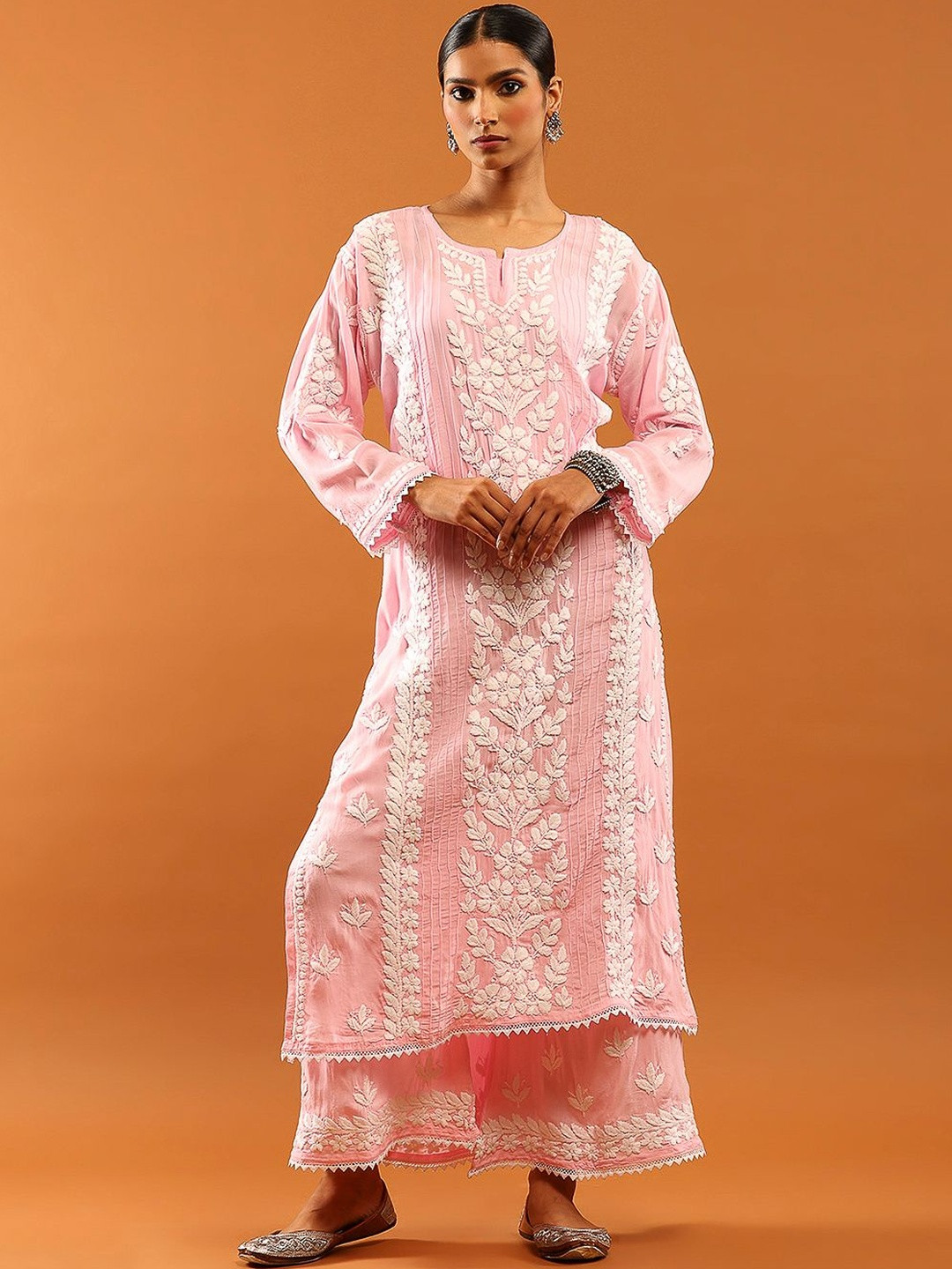 House of Chikankari Women Modal Chikankari Solid Long Kurta Sets