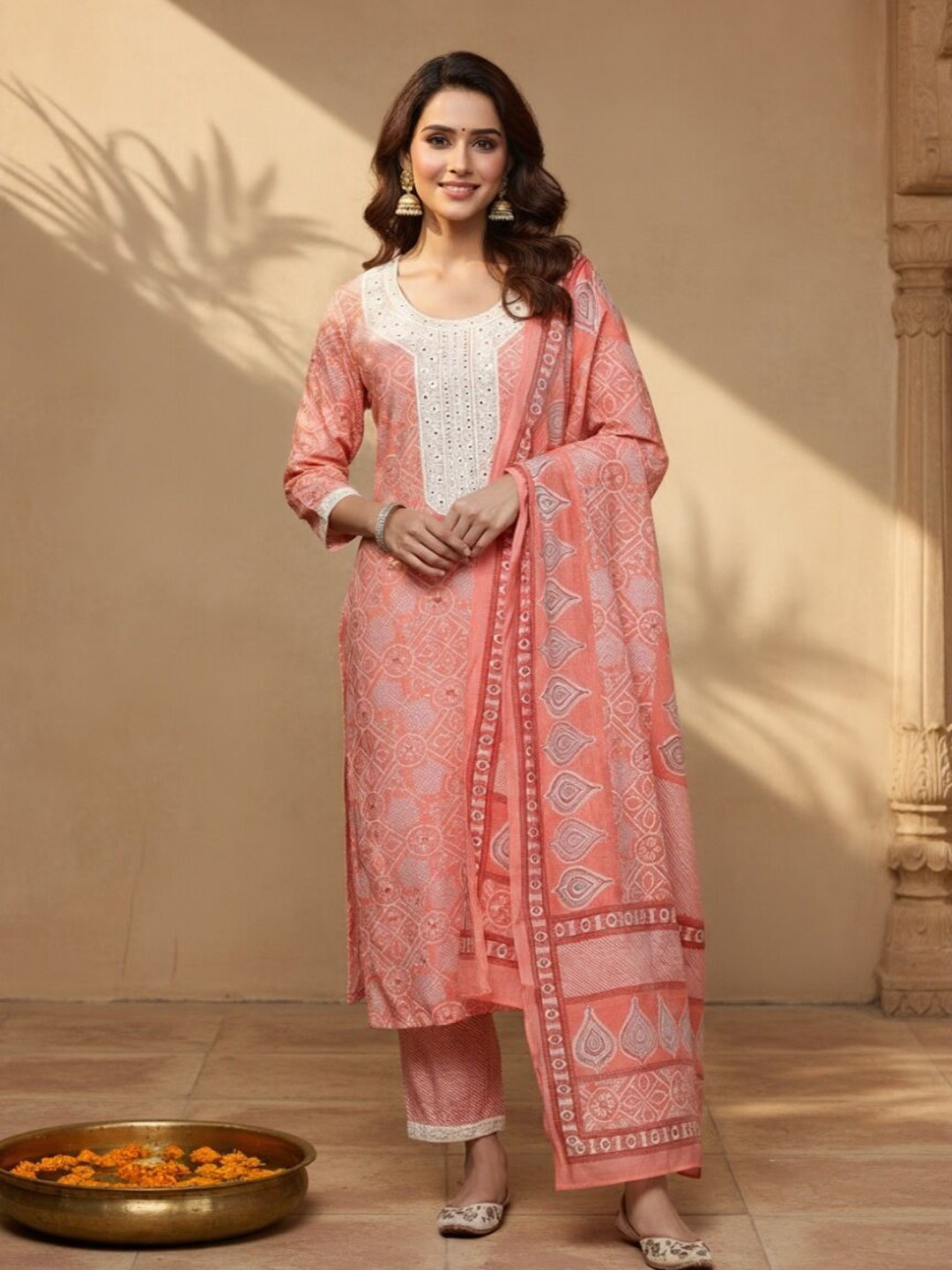 Libas Women Pink Bandhani Printed Mirror Work Lace Detail Kurta with Trousers & Dupatta