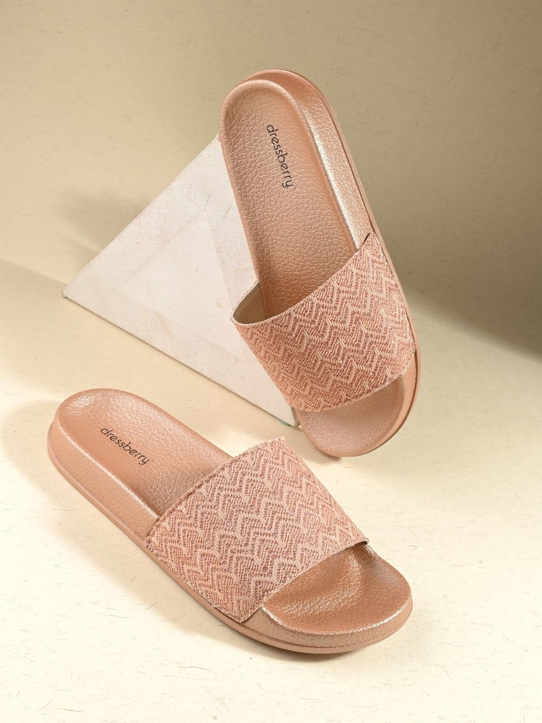 DressBerry Women Rubber Rose Gold Textured Sliders