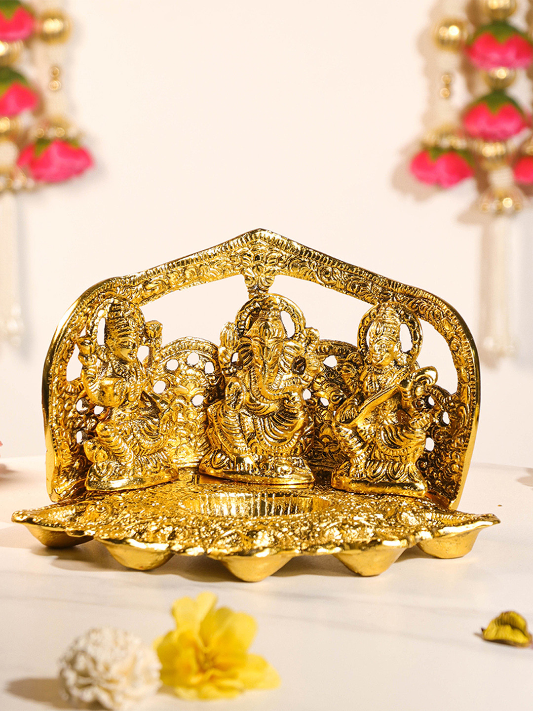 Art Street Lakshmi Ganesh Saraswati Metal Idols With 5 Diya Oil Lamp Base Traditional