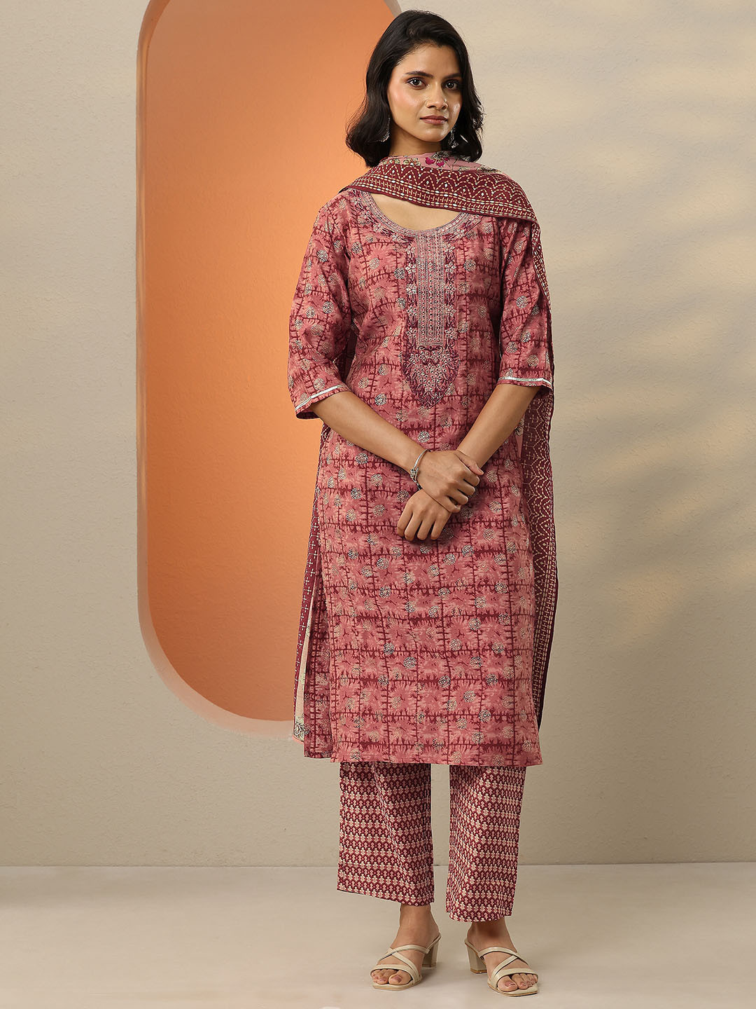 Libas Maroon Ethnic Motifs Printed Mirror Work Straight Kurta With Palazzos & Dupatta