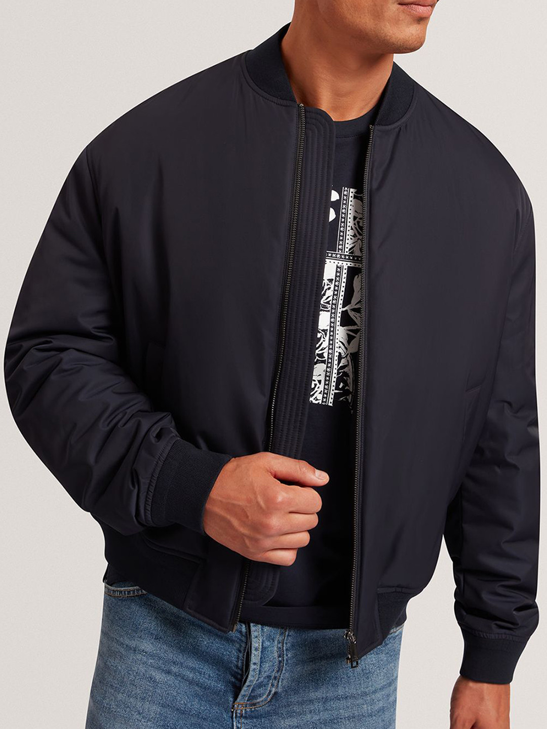 Ted Baker Men Mandarin Collar Solid Bomber Jacket