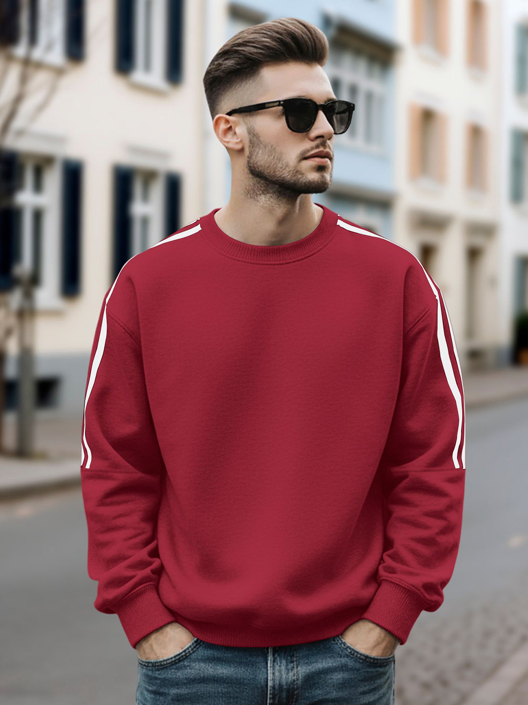 Fashion And Youth Men Solid Double Striped Round Neck Long Sleeves Pullover Sweatshirt