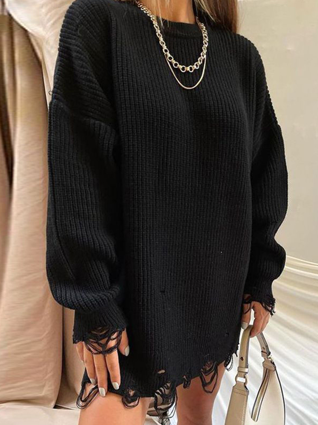 StyleCast Women Oversized Distressed Ribbed Pullover Sweater