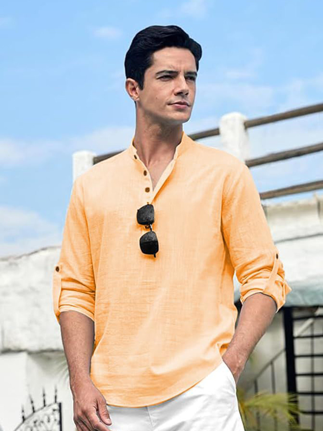 EdinWolf  Band Collor Roll-Up Sleeves Straight Short  Kurta