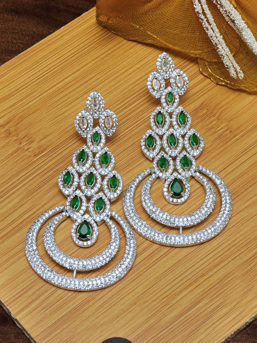 Moon Ron Rhodium-Plated Cubic Zirconia Studded Crescent Shaped Drop Earrings