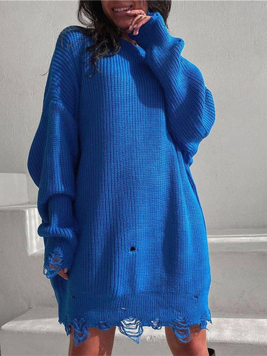 StyleCast Women Ribbed Oversized Distressed Round Neck Longline Sweater