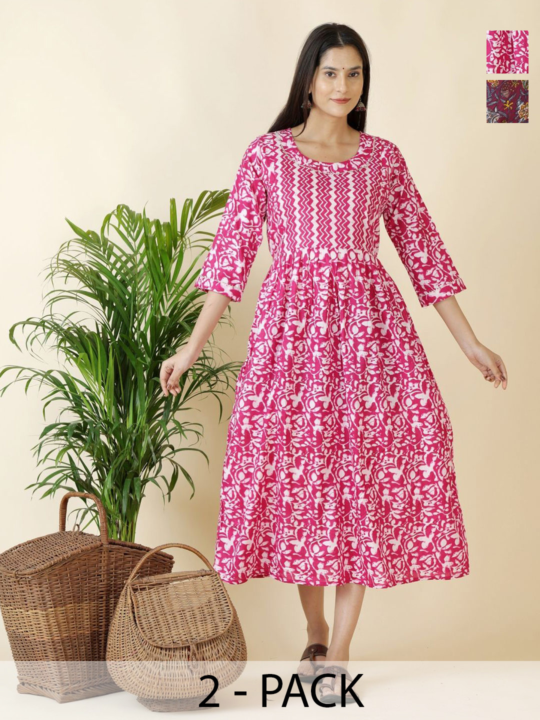 Pakiza Enterprises Pack Of 2 Women Bohemian Printed Fit and Flare Midi Maternity Dress