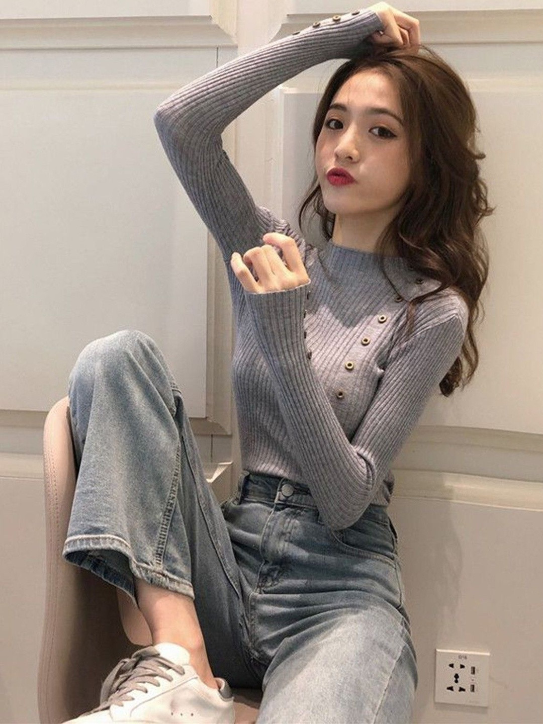 HERE&NOW Women Grey Polyester Long Sleeves High Neck  Tops