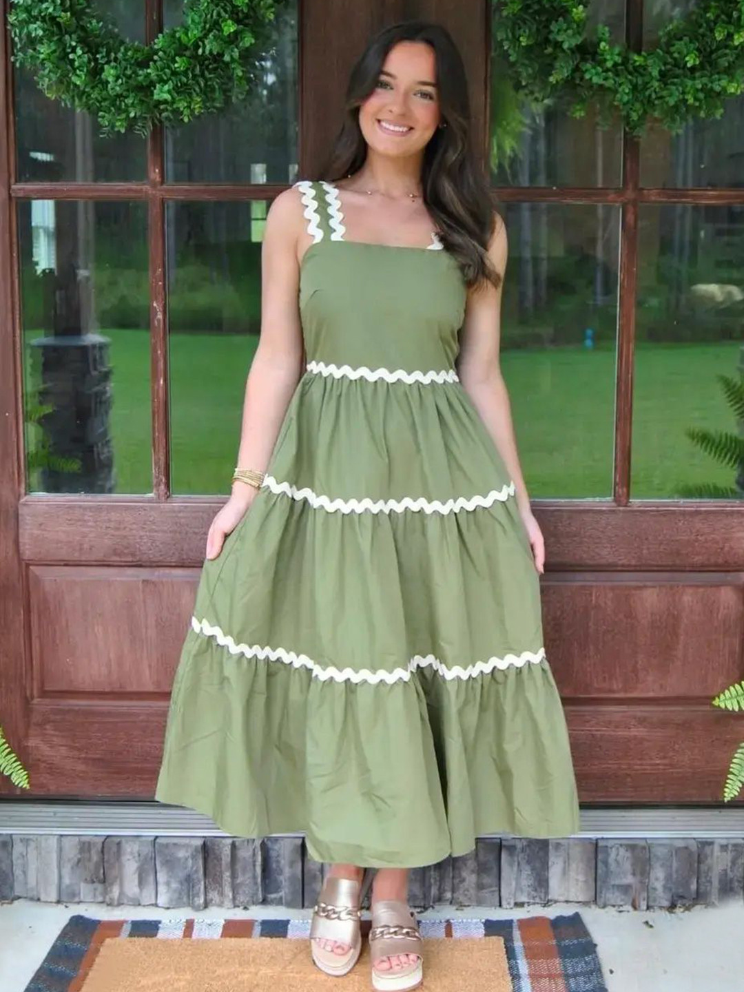 Pinly Women Shoulder Straps Lace Inserts Tiered Crepe A-Line Midi Dress