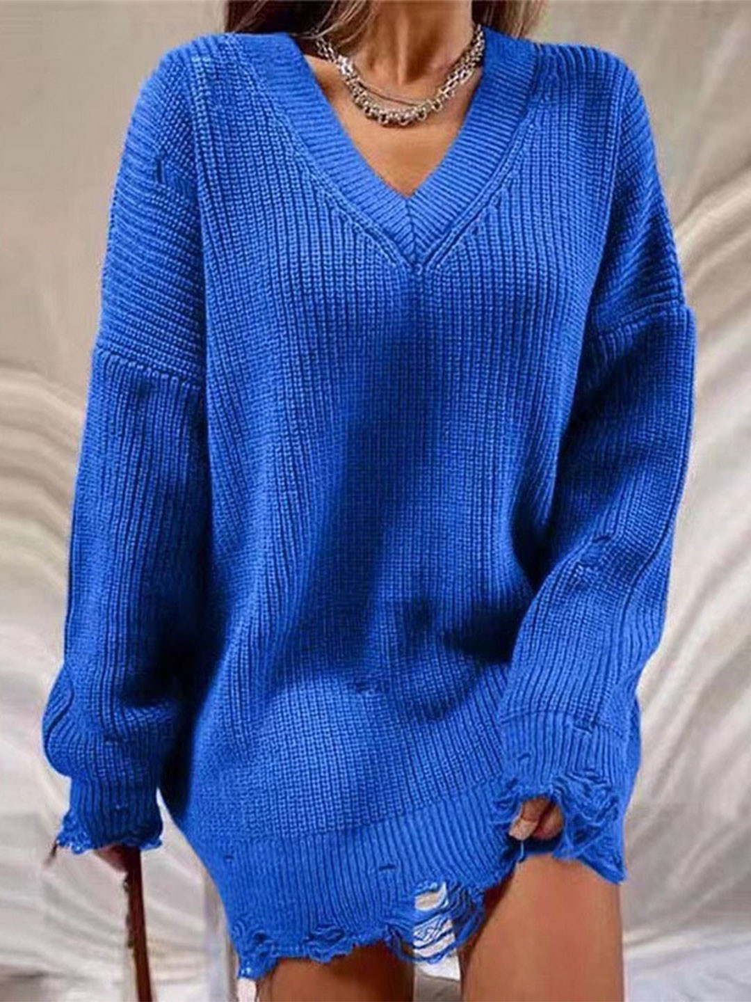 StyleCast Women Oversized Distressed V-Neck  Sweater