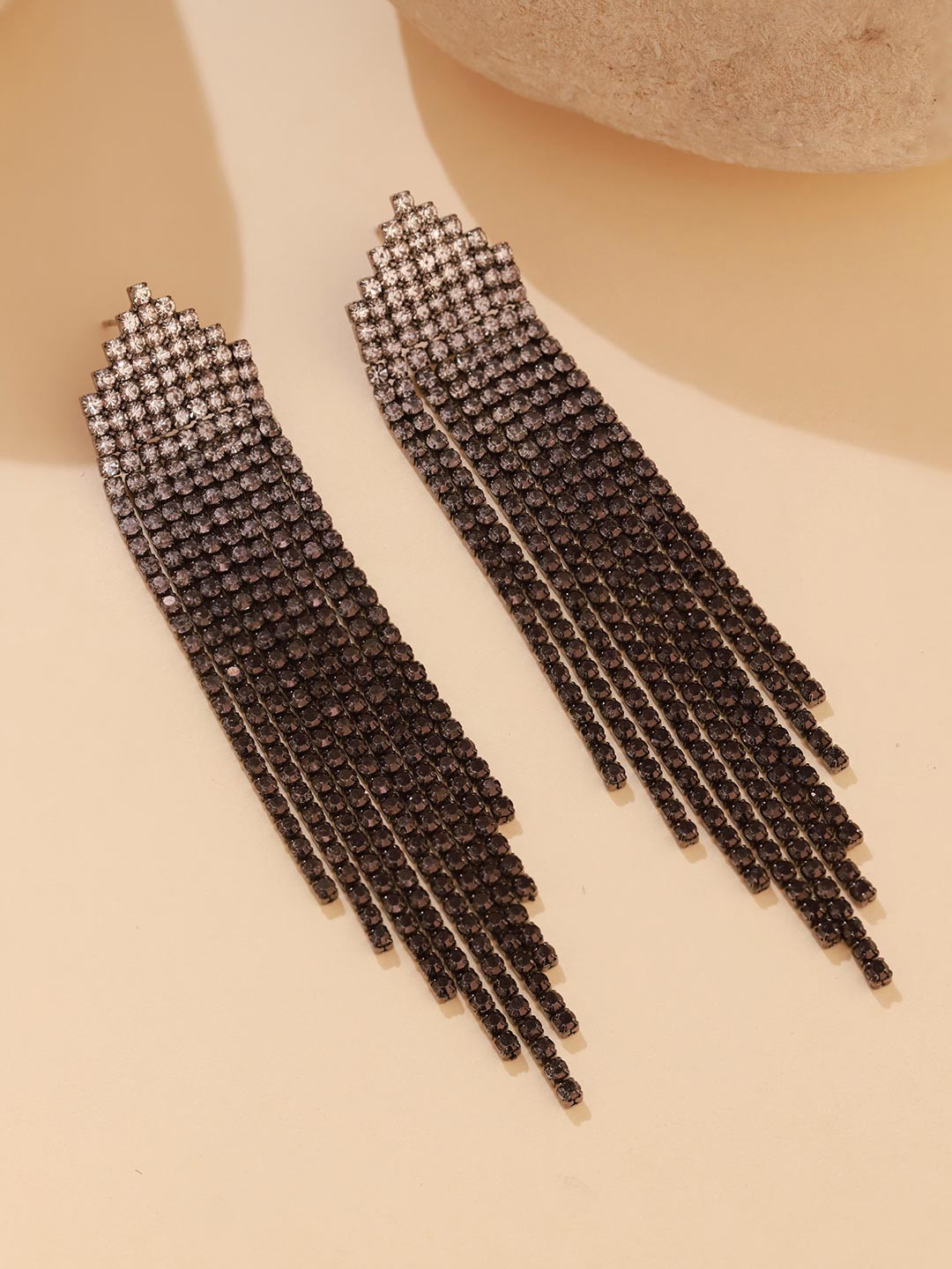 Voylla Korean Bling Eclipse Rhodium-Plated Stones Studded Tasselled Drop Earrings