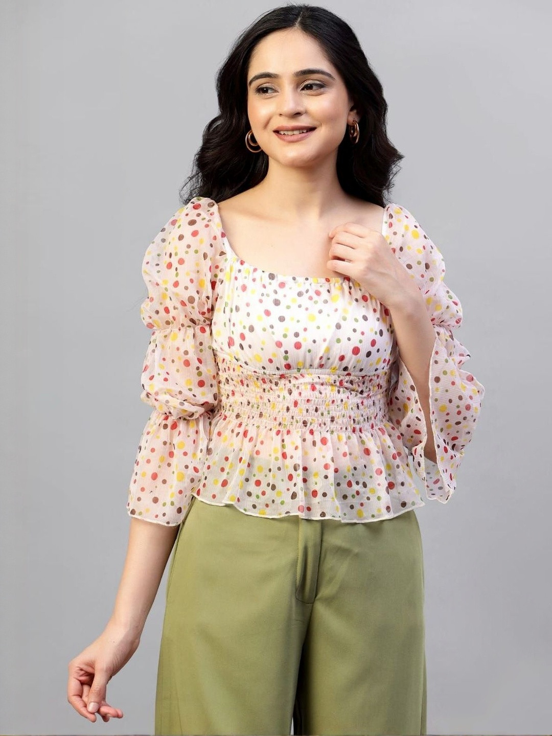 Satisfy Women Polka Dot Printed Smocking Square Neck Puff Sleeve Top