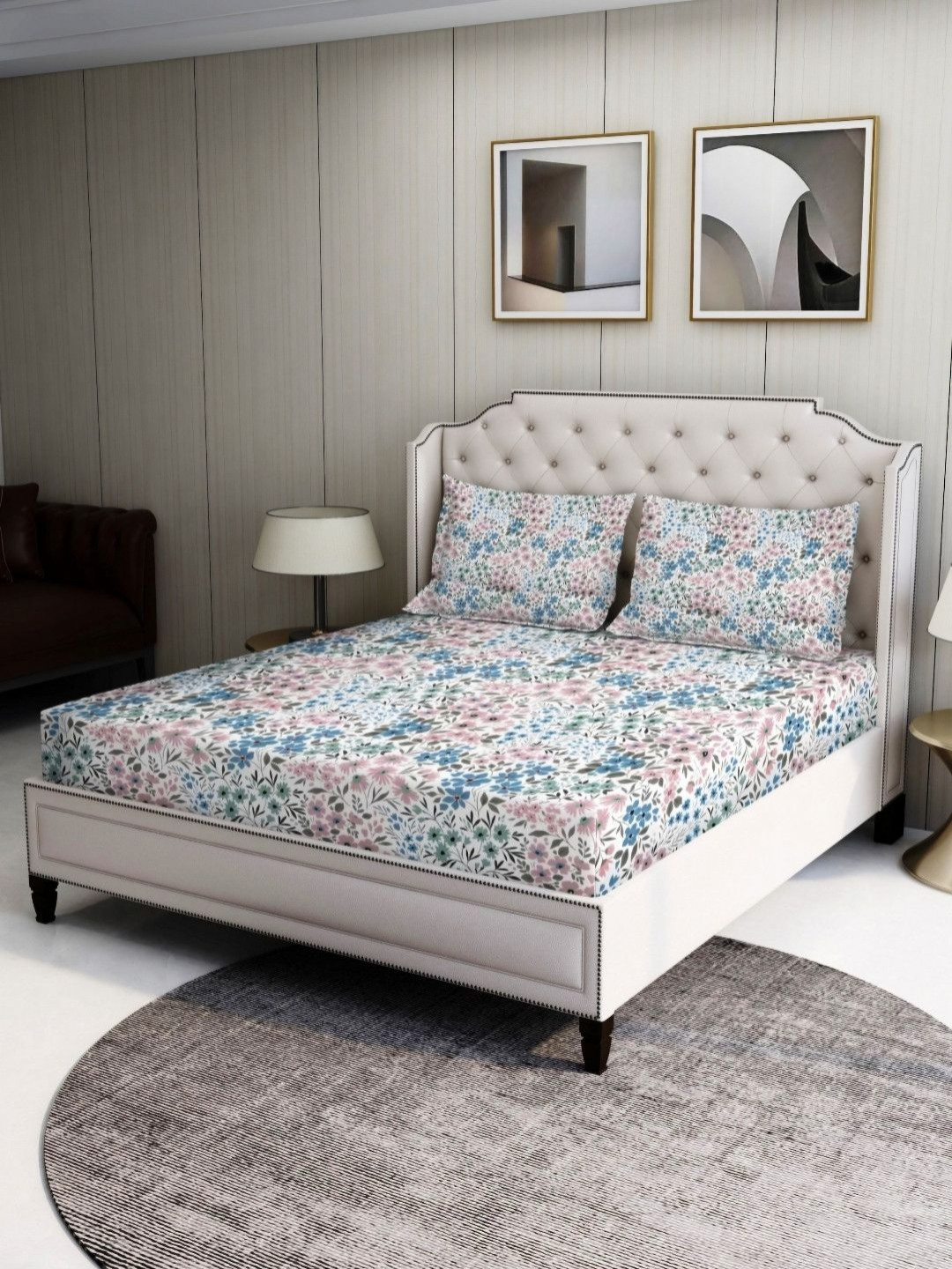BOMBAY DYEING Blue Floral Printed 120 TC Super King Cotton Bedsheet With 2 Pillow Covers