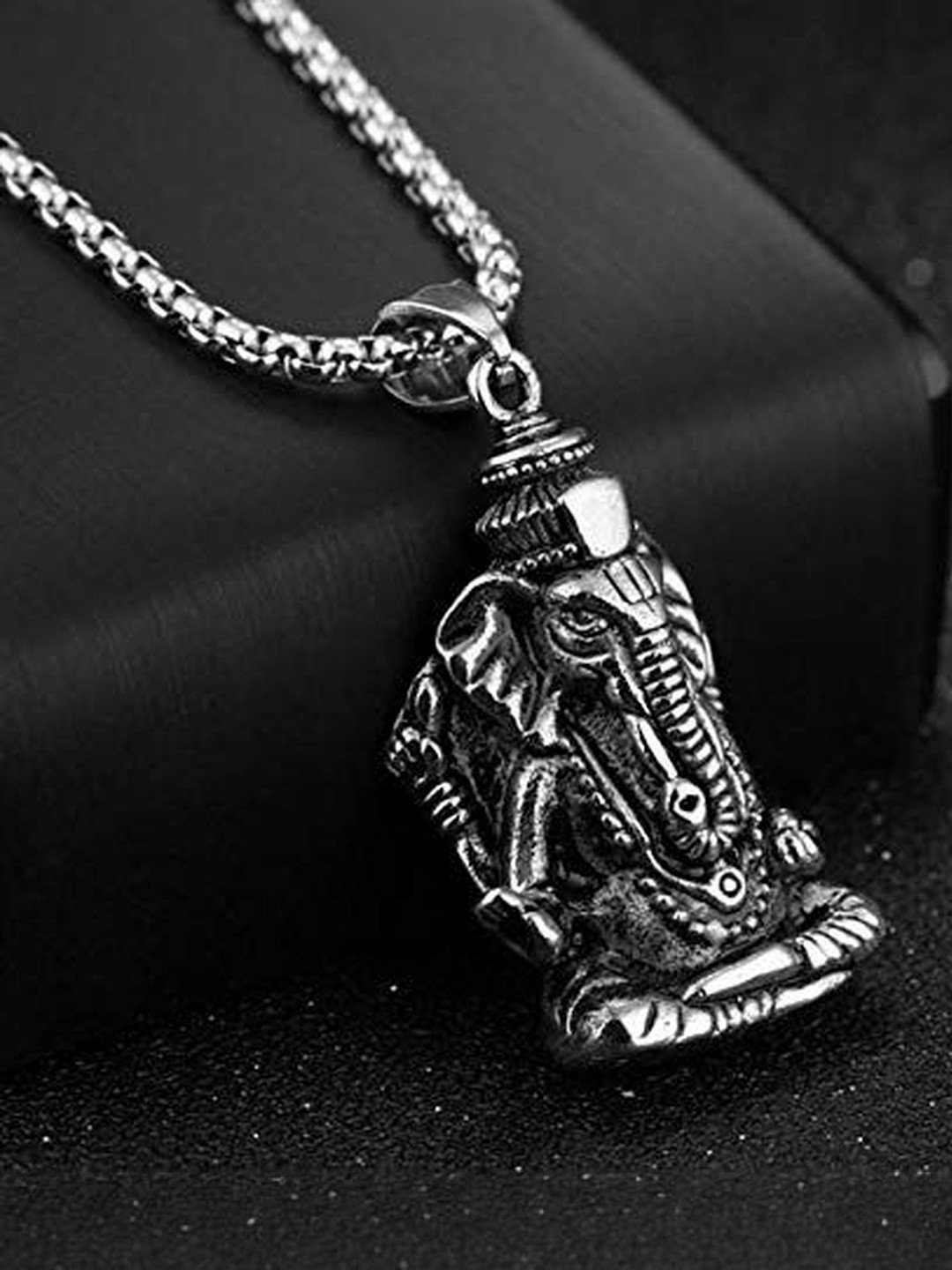 Moneekar Jewels Men Silver-Plated Lord Ganesh Charm Pendant Stainless Steel Chain