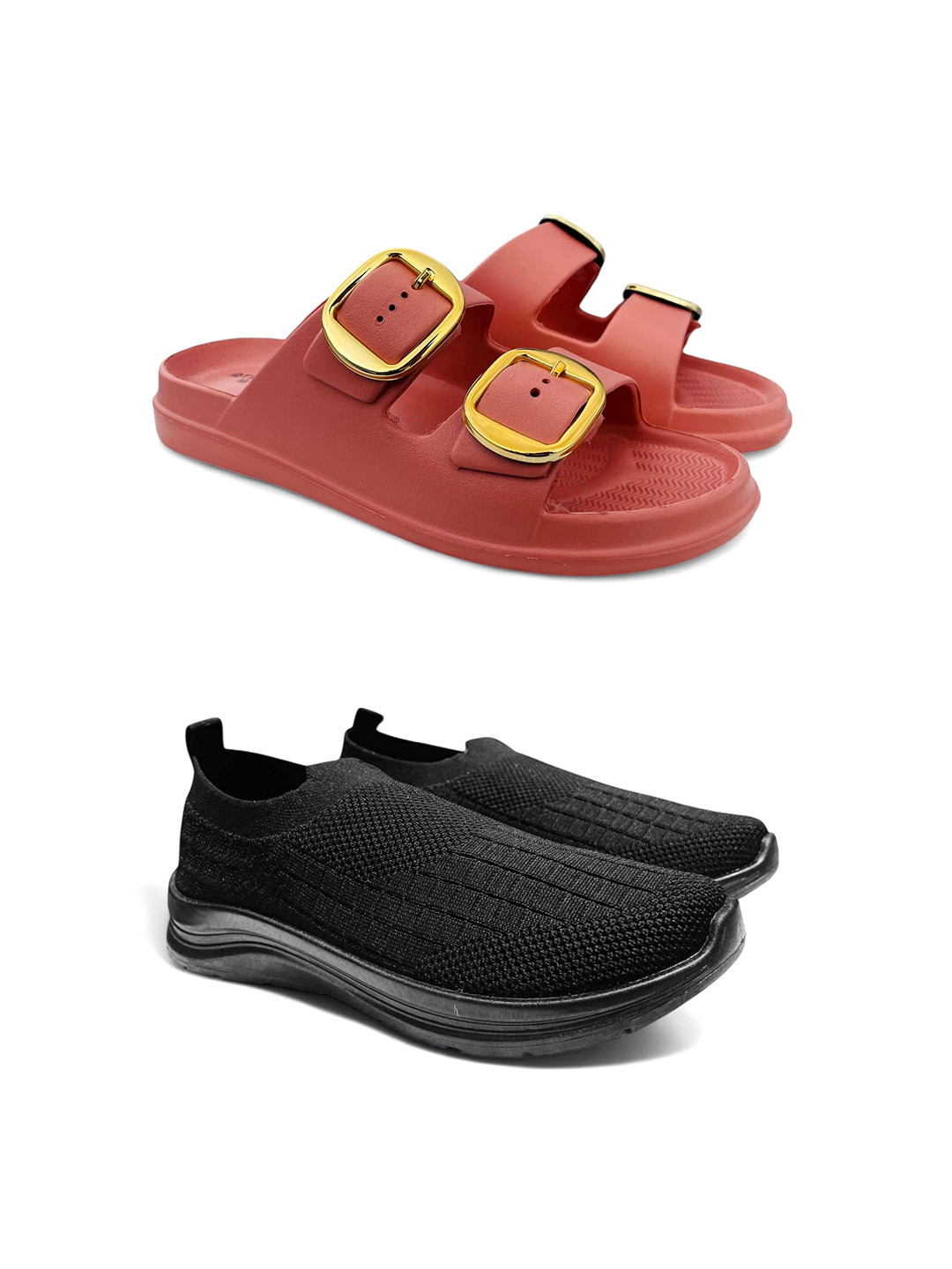 FABBMATE Women Set Of 2 Textured Slip On Shoes With Flip Flops