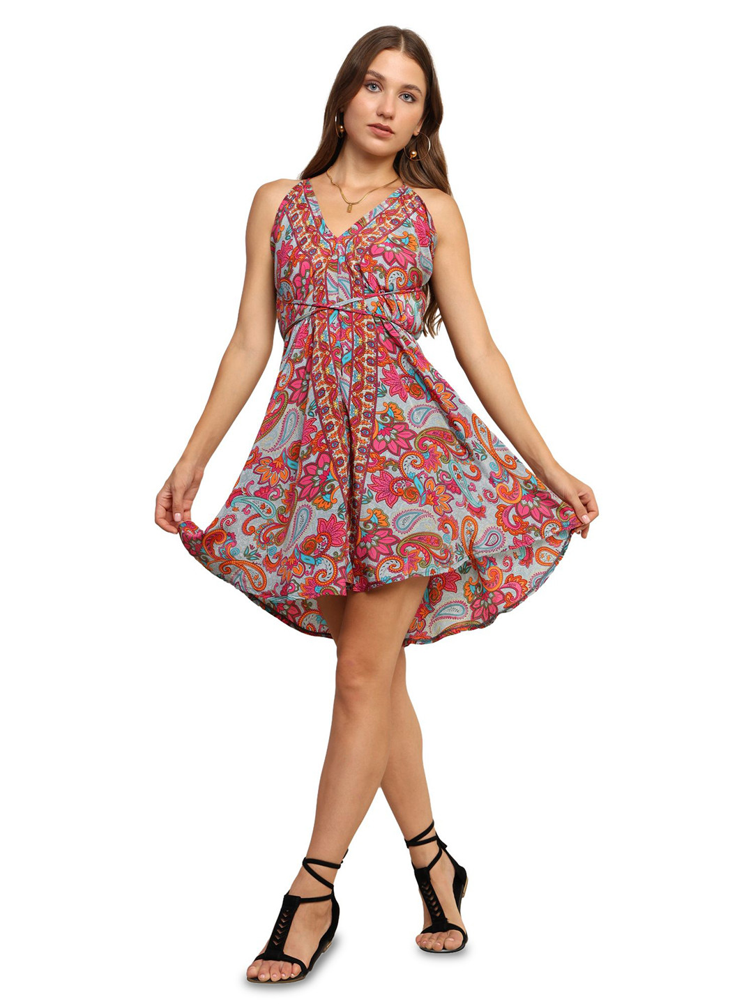 GALE GIRLS Paisley Printed Halter Neck No Sleeves Tie-Ups A-Line Above Knee Dress