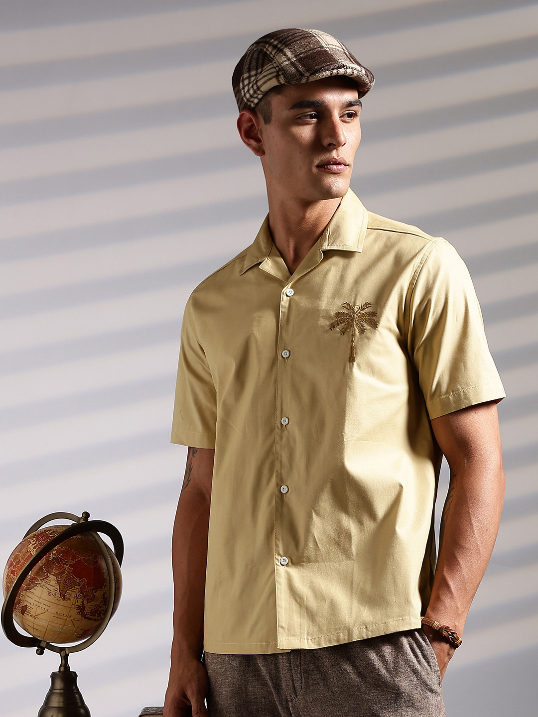 Eszett Palm Tree Embroidered Spread Collar Oversized Cotton Casual Shirt