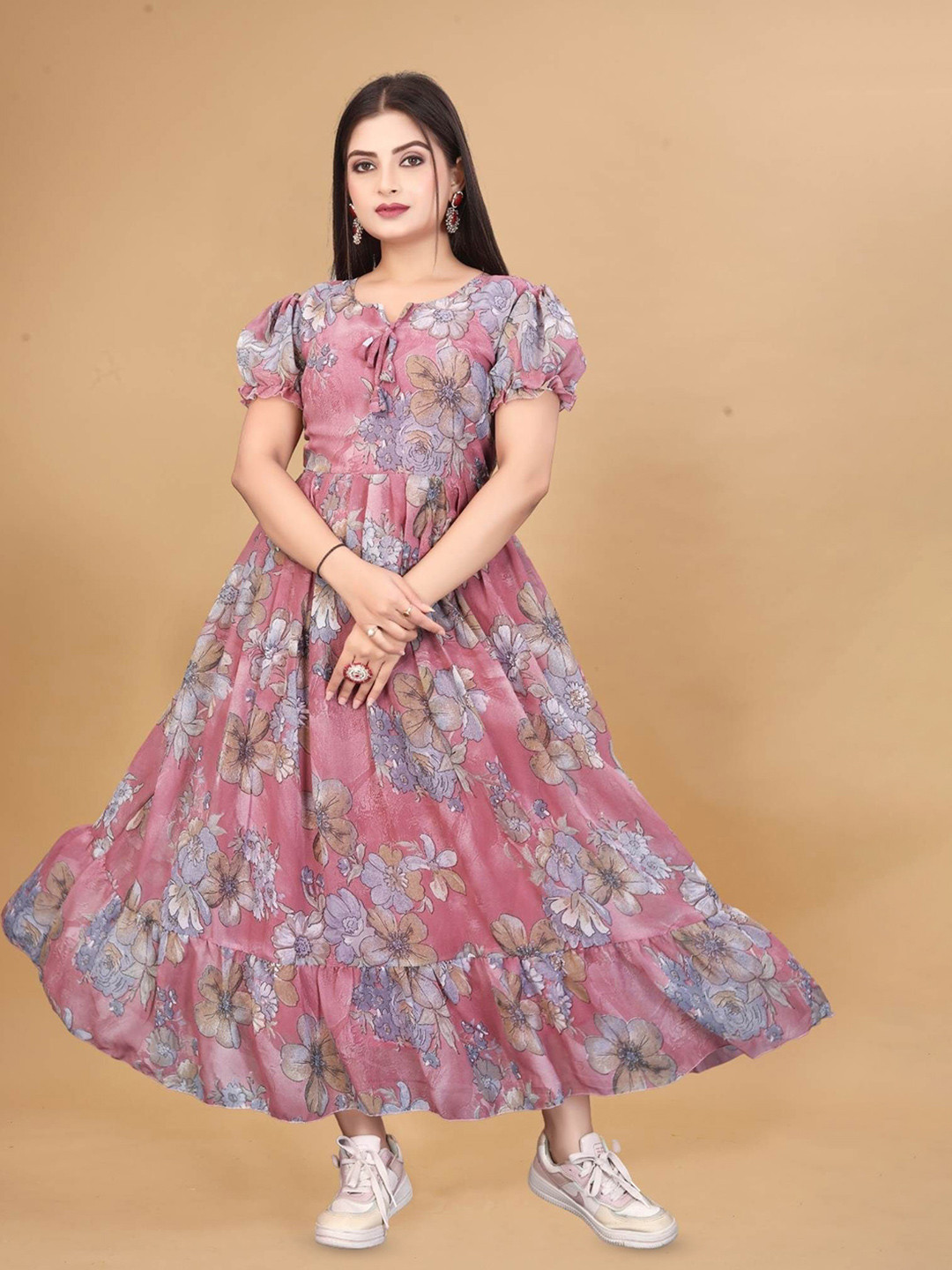Price History of DressBerry Women Floral Printed Puff Sleeve Ruffles  Georgette Midi Dress from Myntra 111_15644828