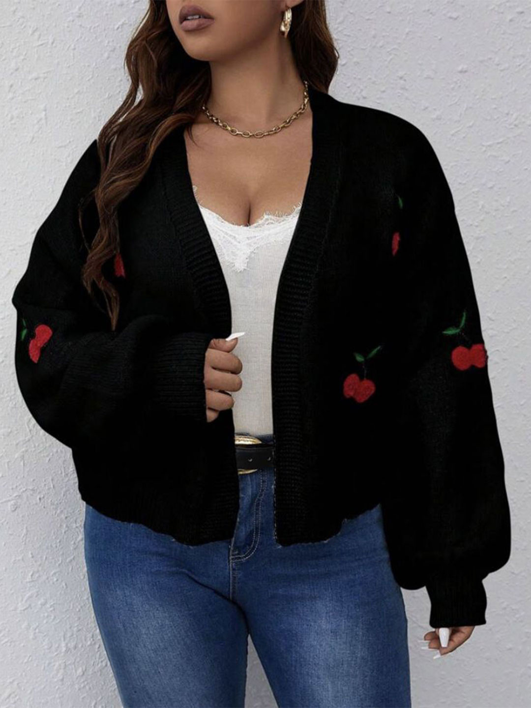 StyleCast Women Cable Knit Self Design Applique Open-Front Cardigan