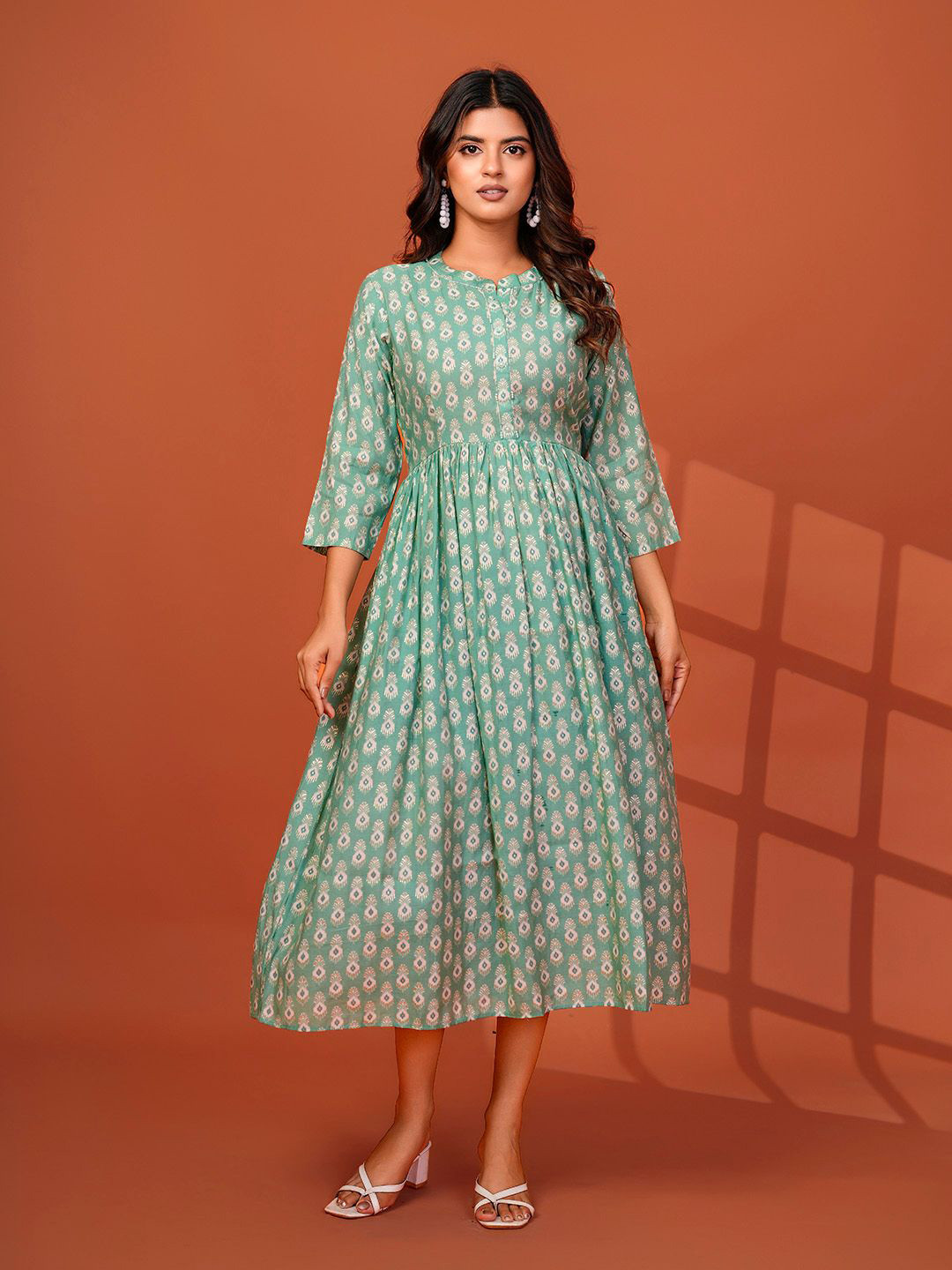 HARIKS Ethnic Motifs Printed Gathered or Pleated Fit & Flare Midi Dress