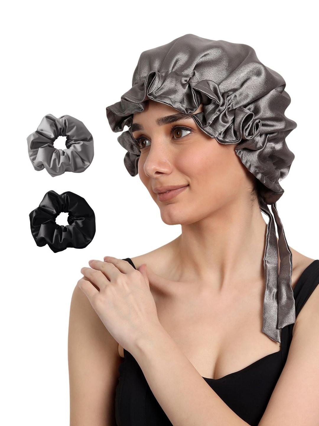 Mueras Women Satin Hair Bonnet & 2 Satin Scrunchies Combo Hair Accessories Set