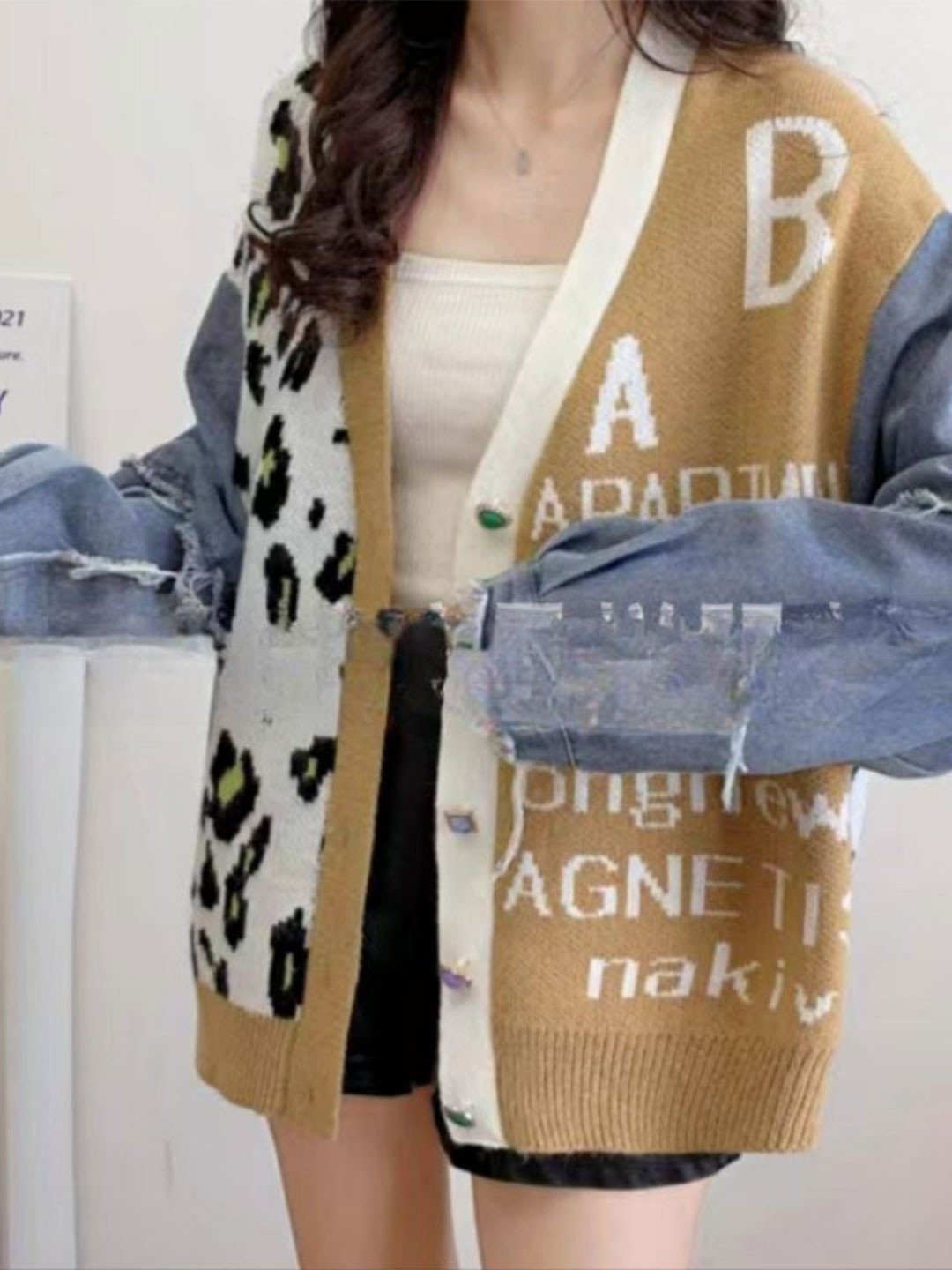 StyleCast Women Animal Colourblocked Printed  Denim Sleeve Cardigan