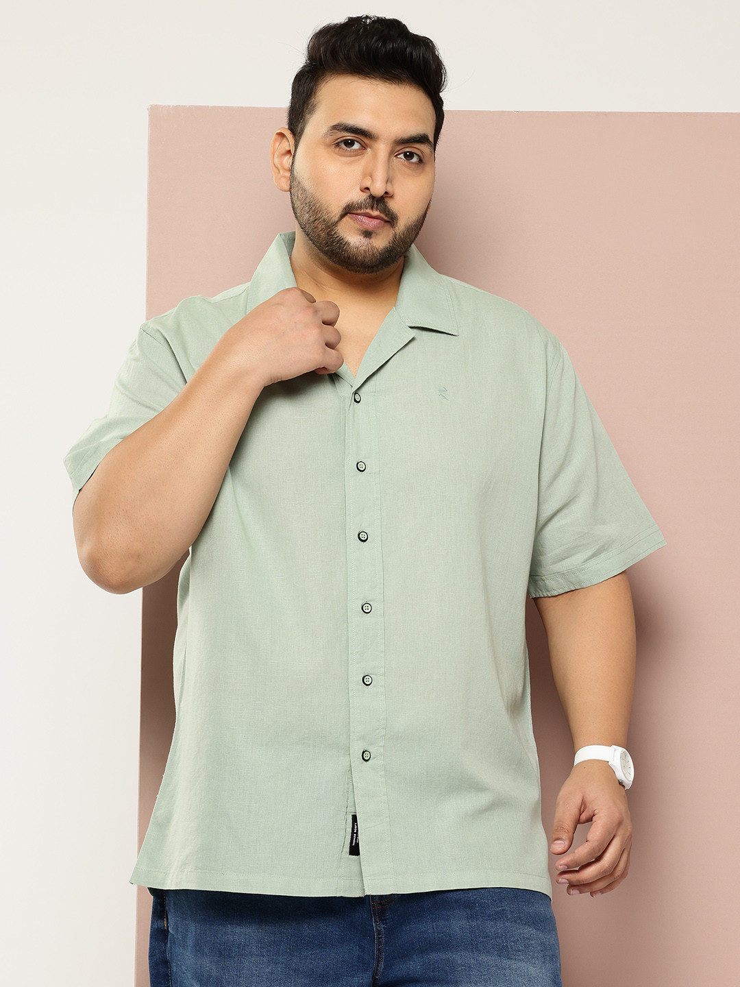 Thomas Scott Men Plus Size Cotton Linen Solid Millenium Fit Cuban Collar Shirt