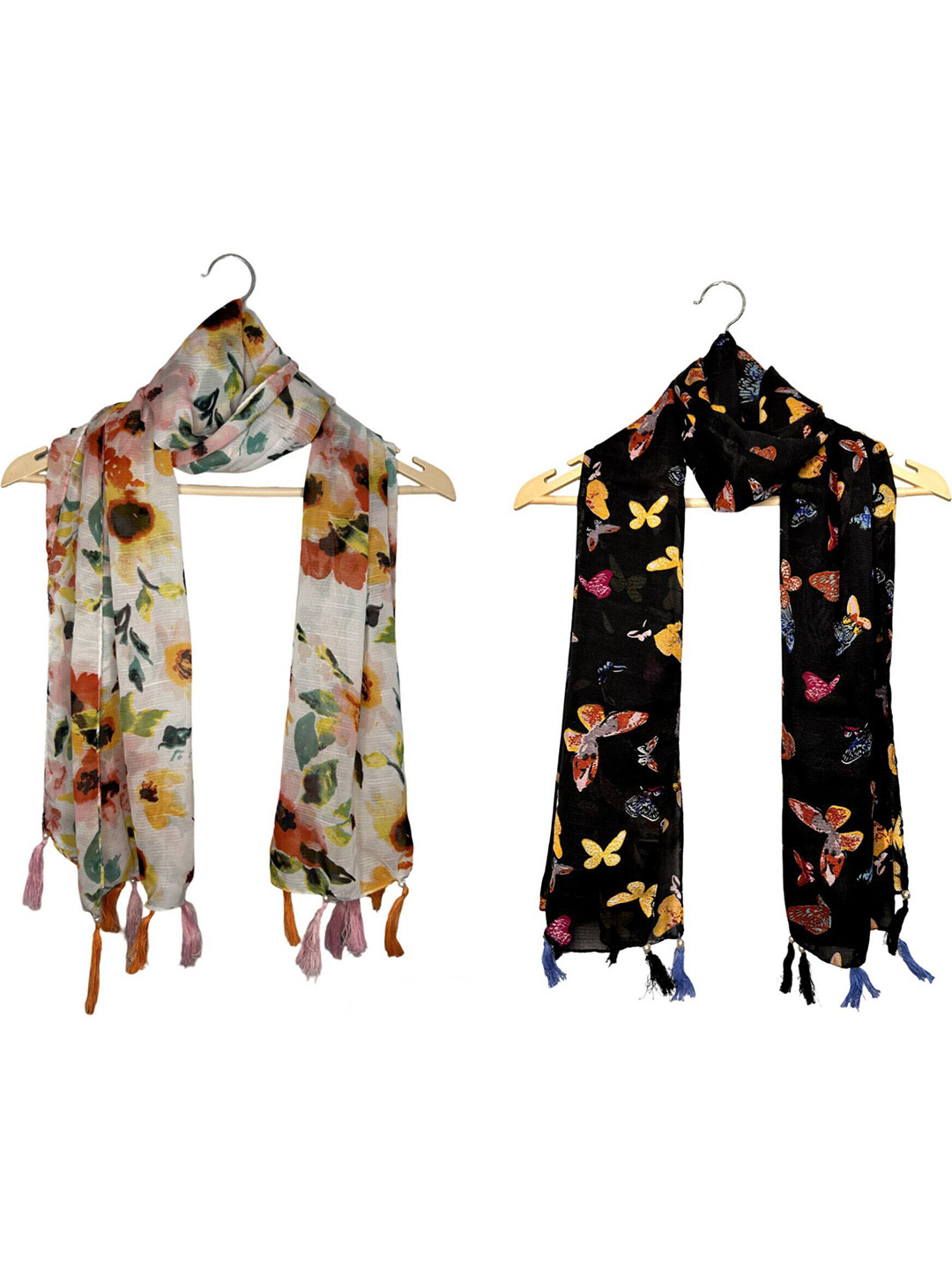 POSHAMPAA be desi Women Pack of 2 Printed Scarf with Tasselled Border