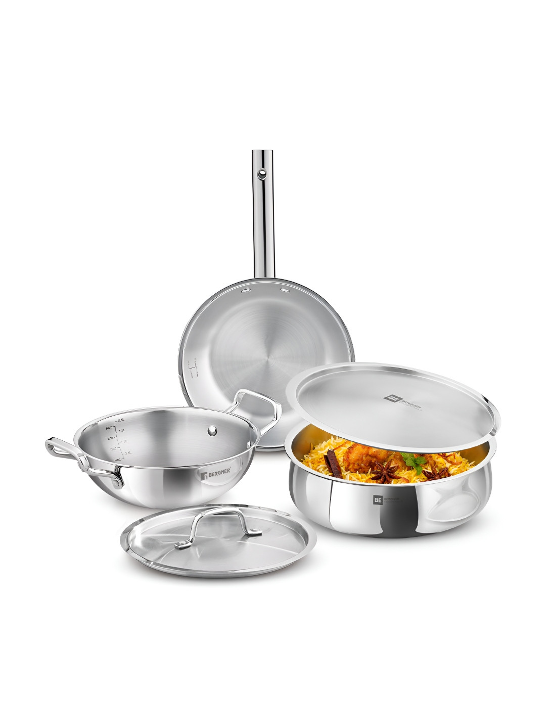 BERGNER Tripro BE Silver-Toned 5Pcs Dishwasher Safe Tri-Ply Stainless Steel Cookware Set