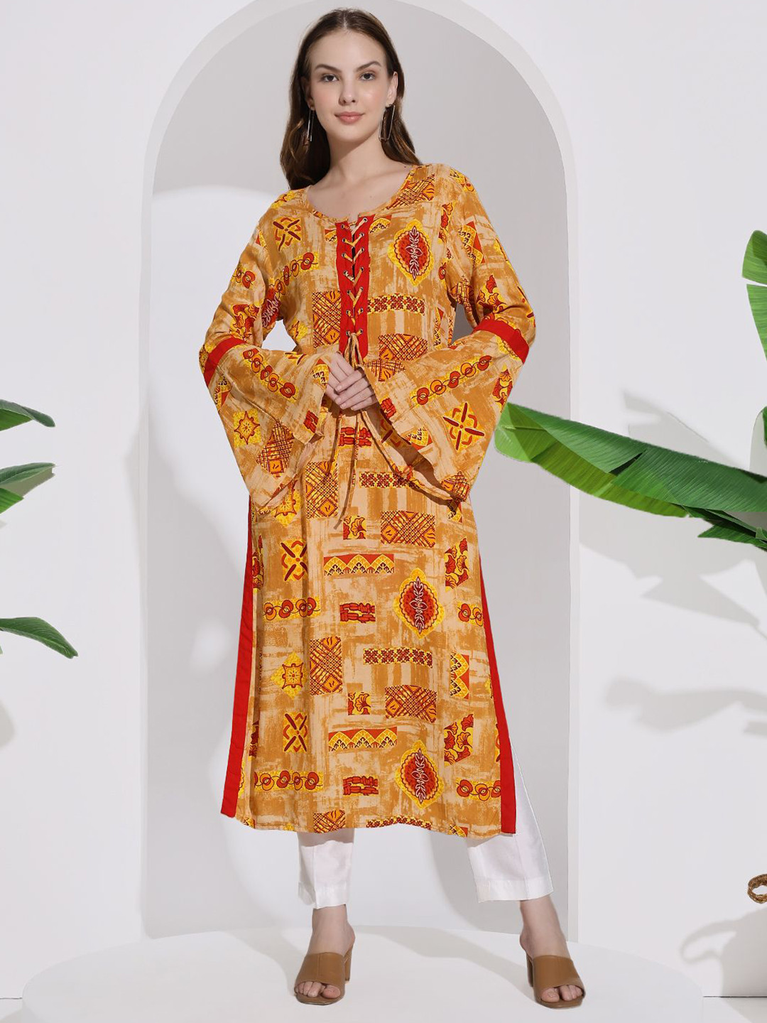 HANDICRAFT PALACE Women Ethnic Motifs Printed Round Neck Long Sleeves Straight Kurta