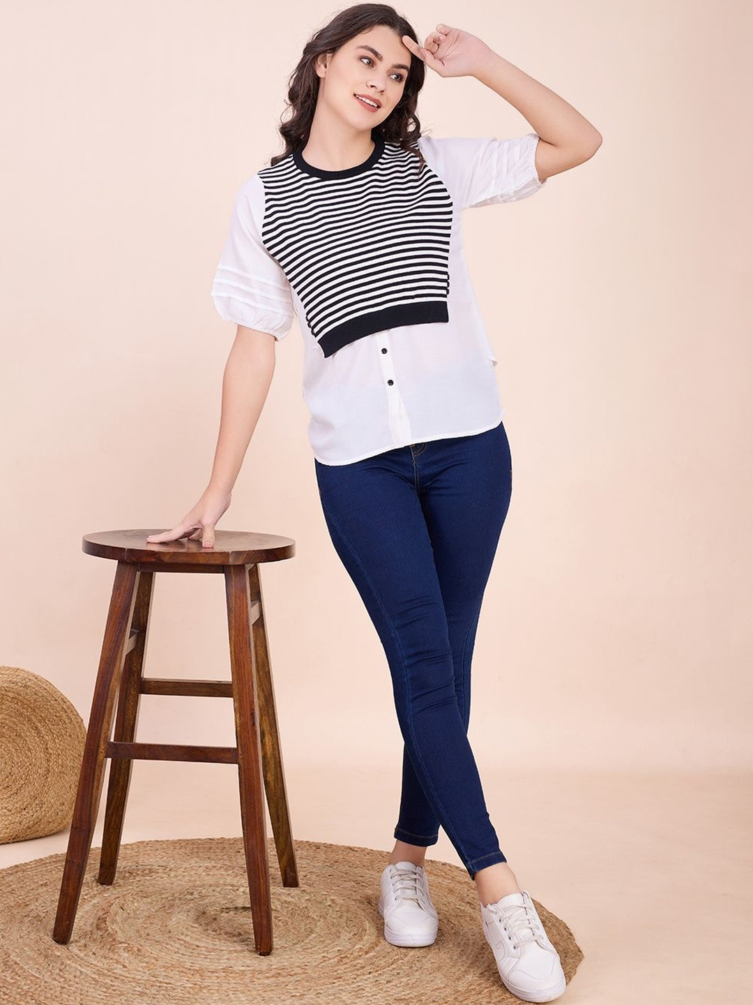 CARTYSHOP Striped Round Neck Short Sleeves Cotton Top