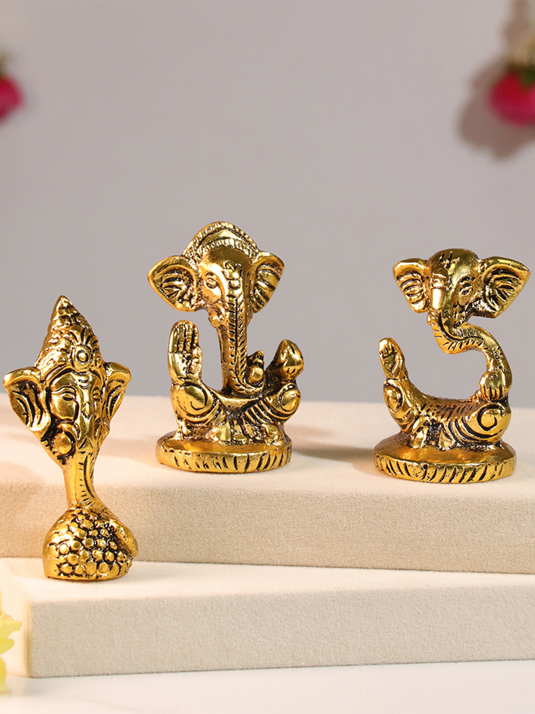 Art Street Decorative Metal Ganesha Brass Finished Idols Set of 3 for Home Decor