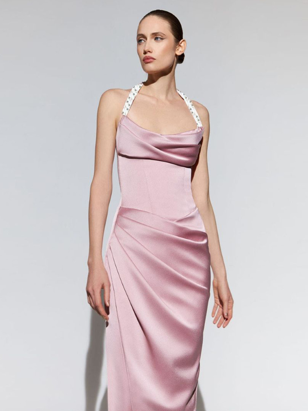 StyleCast Solid Halter Neck Gathered or Pleated Slim Fit Evening Maxi Dress