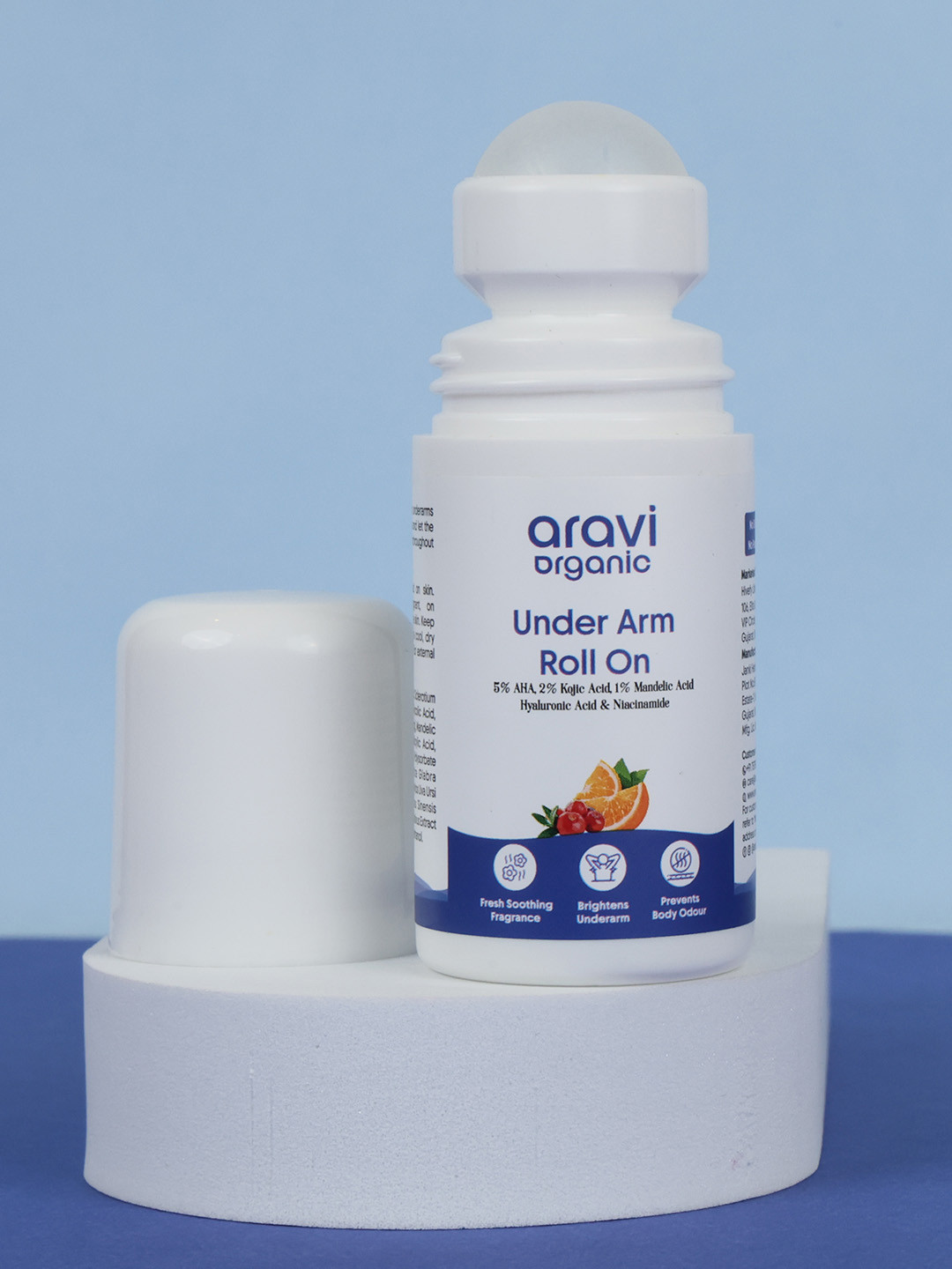 Aravi Organic UnderArm Roll On 5%AHA 2% Kojic Acid 1%Mandelic Acid Control Body Odour-50ml