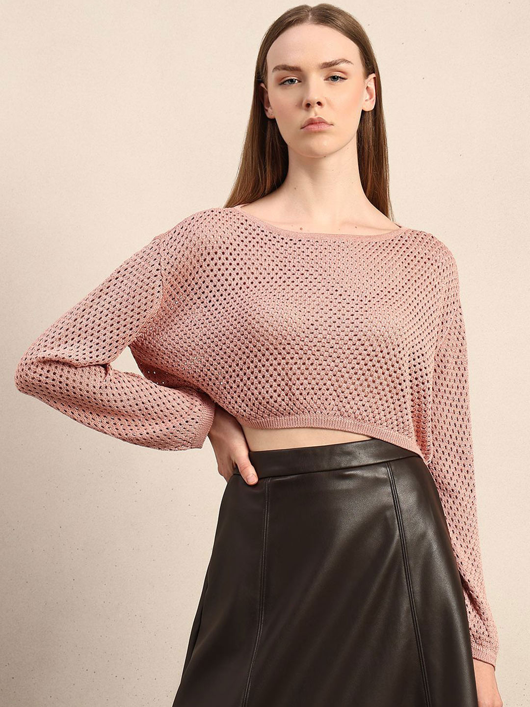 Vero Moda Co Rose LS Open Knit Full Sleeve Crop Pullover