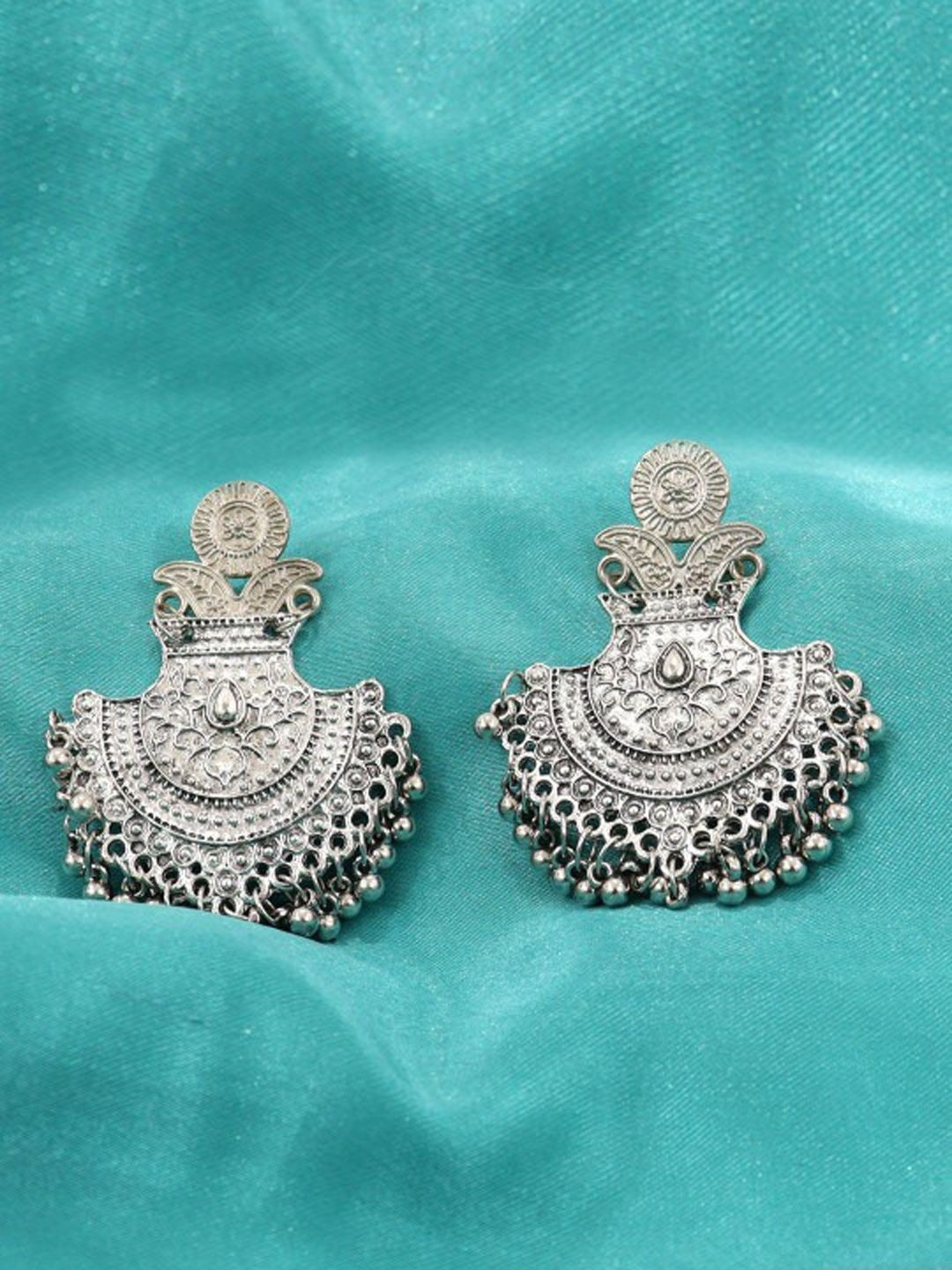 styledose German Silver Ghungroo Beaded Oxidised Floral Shaped Drop Earrings